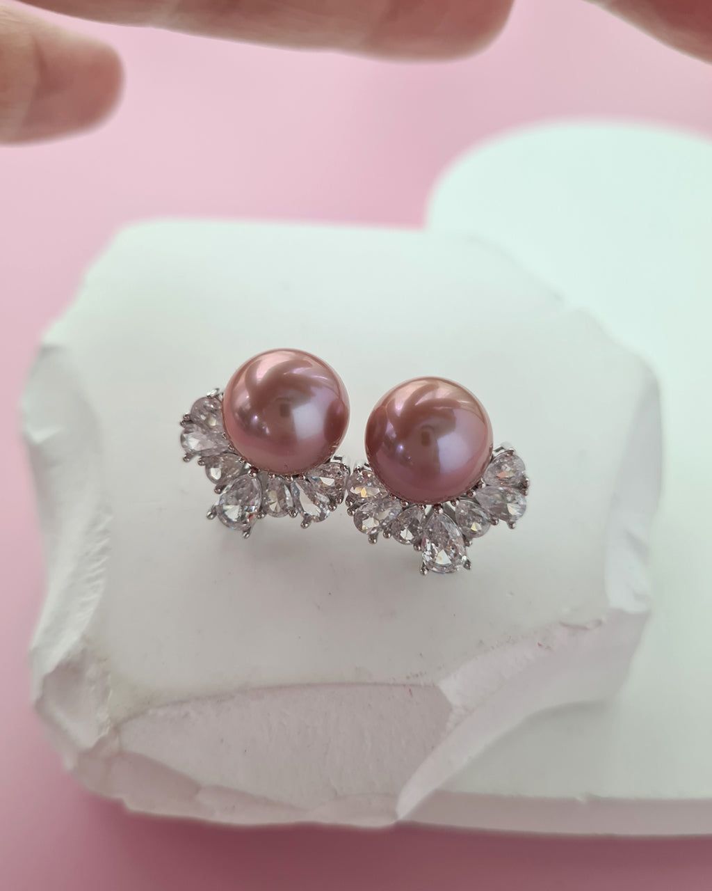 Pinkish Purple Edison Pearl Stud Earrings with Cubic Zirconia Jackets, Pearl Jewelry in Singapore
