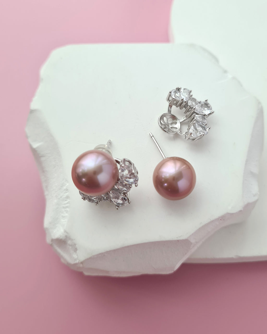 Pinkish Purple Edison Pearl Stud Earrings with Cubic Zirconia Jackets, Pearl Jewelry in Singapore