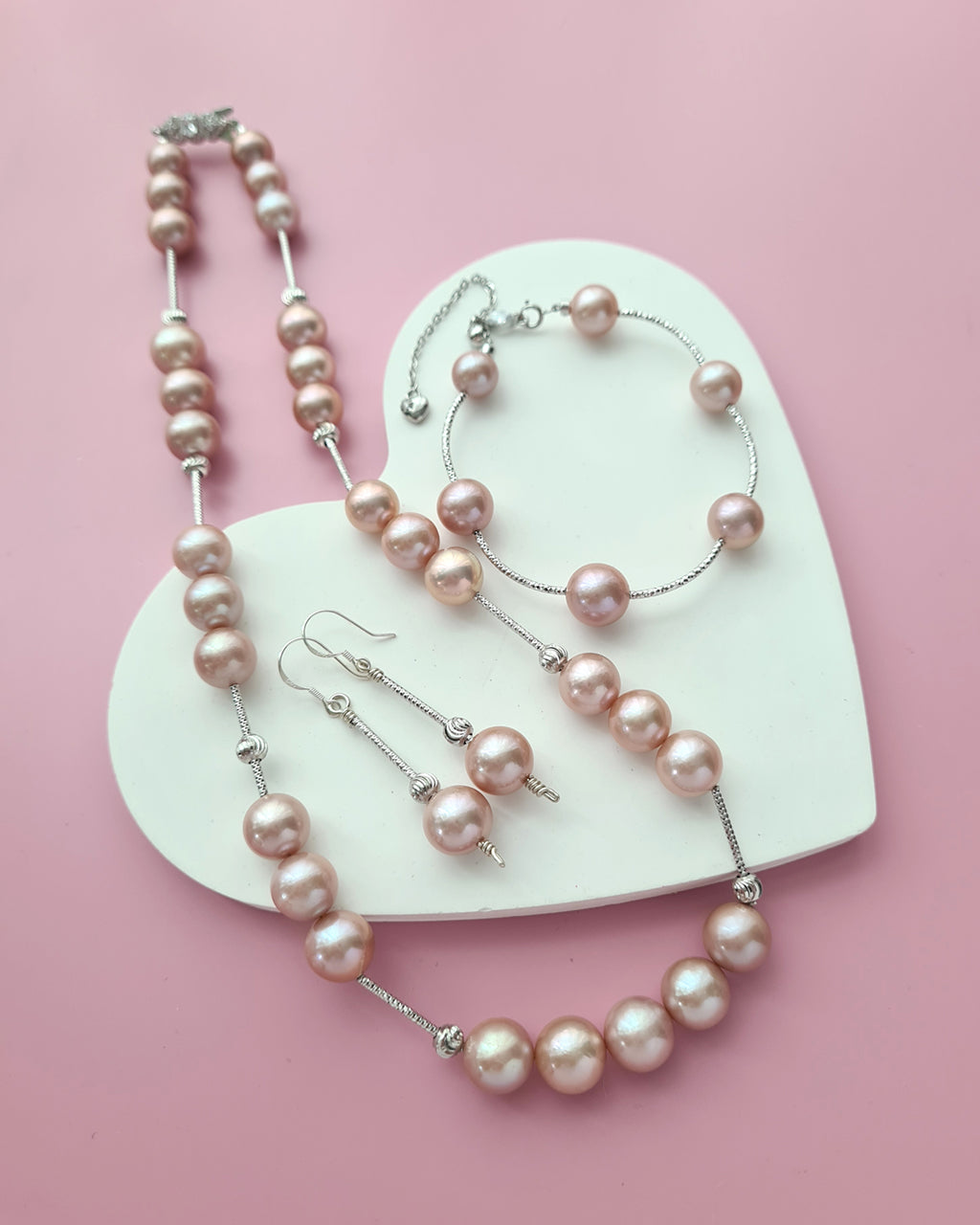 Pinkish Purple Edison Pearl Necklace, Earrings and Bracelet, Pearl Jewelry in Singapore