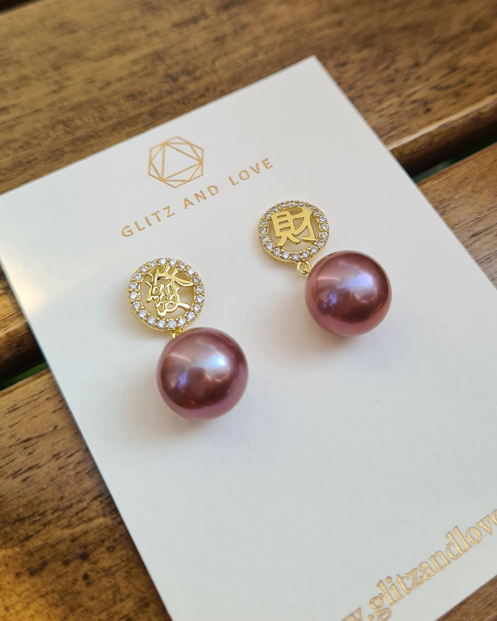 Purple Edison Pearl Prosperity Earrings - 發財 Good Fortune Gold Earrings for Chinese New Year