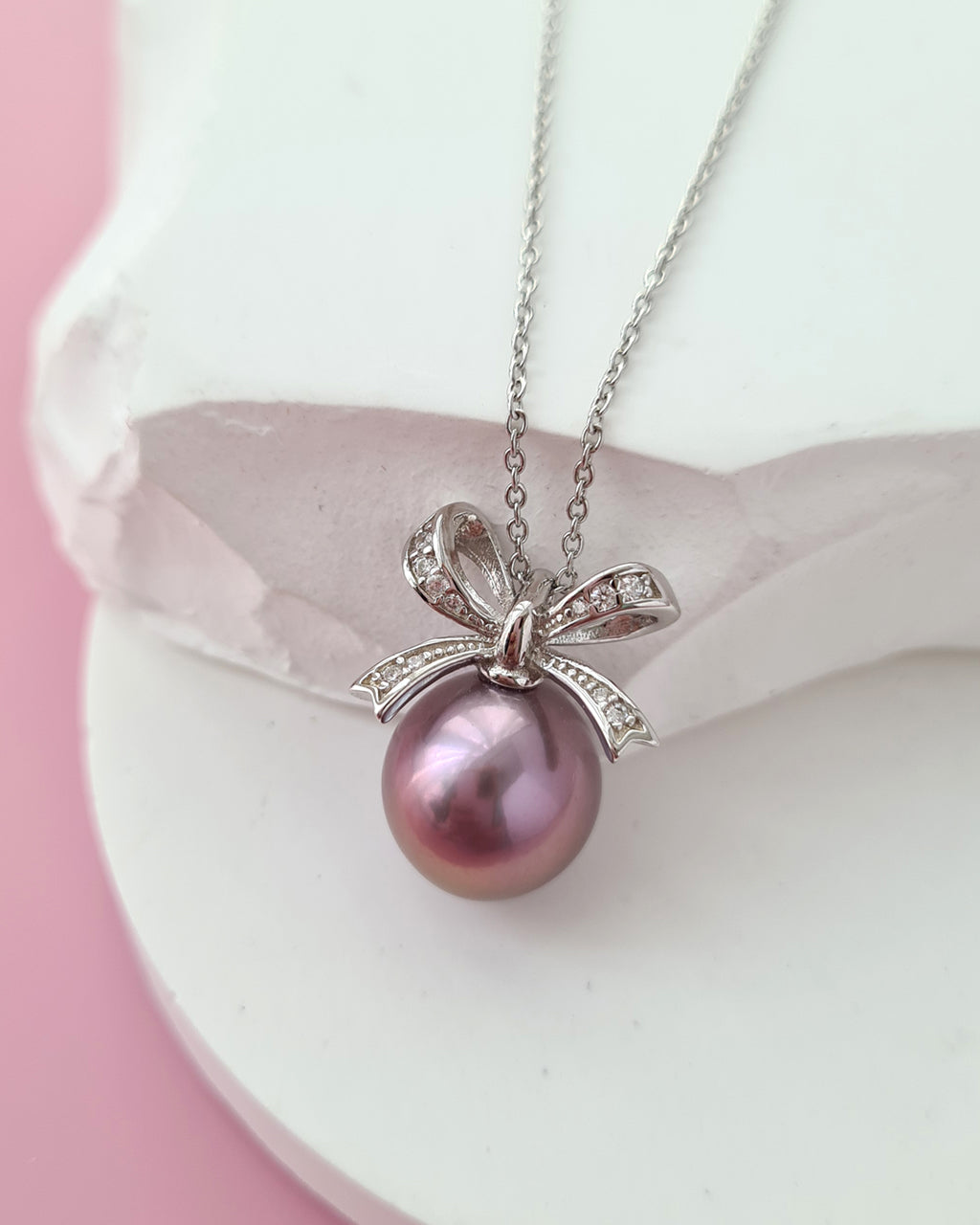 Purple Edison Pearl Ribbon Pendant Necklace - Sterling Silver Pearl Jewelry Singapore