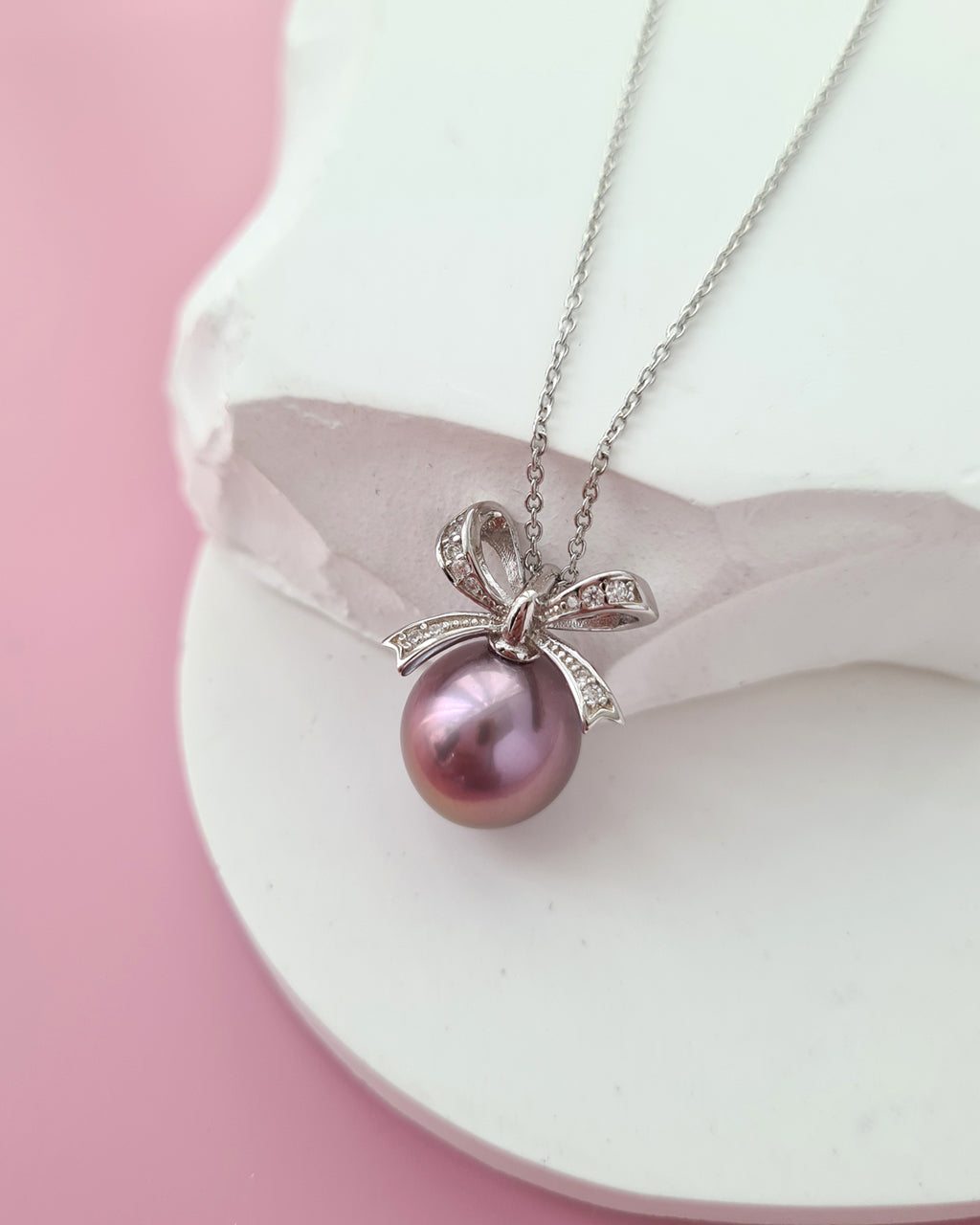 Purple Edison Pearl Ribbon Pendant Necklace - Sterling Silver Pearl Jewelry Singapore
