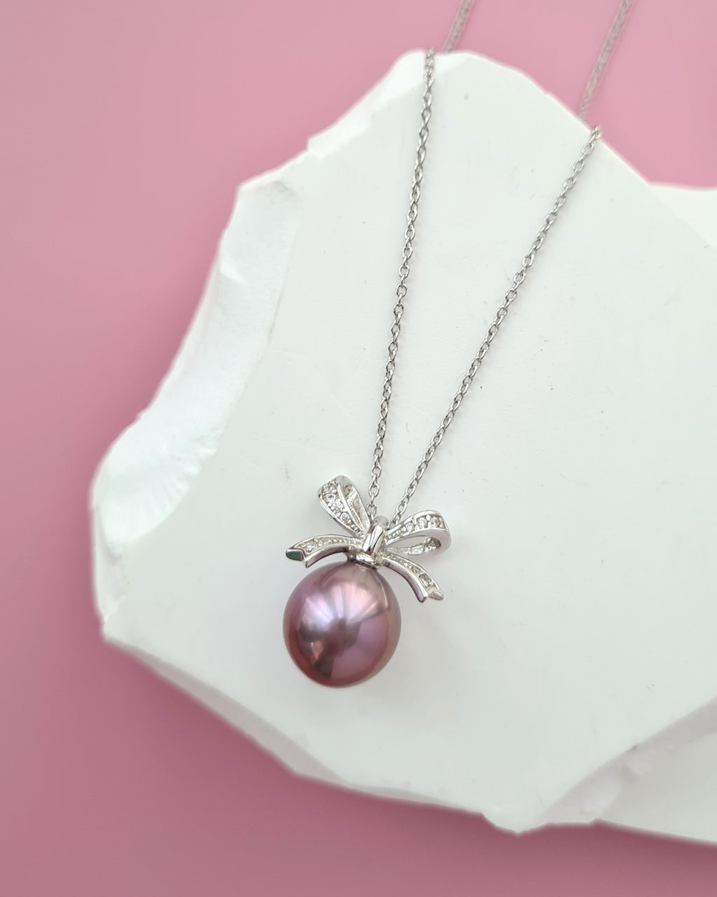 Purple Edison Pearl Ribbon Pendant Necklace - Sterling Silver Pearl Jewelry Singapore