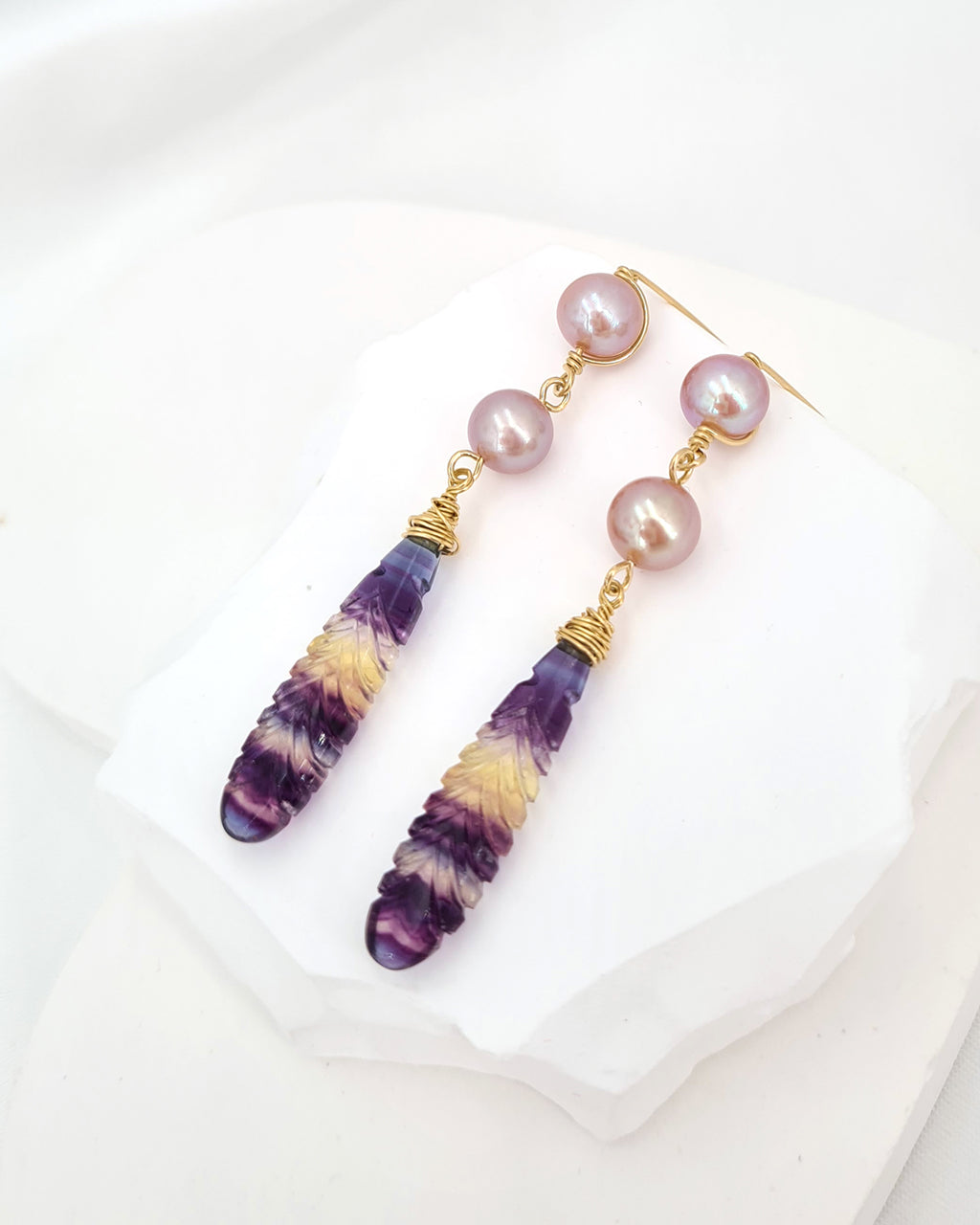 Pearl Earrings with Crafted Fluorite Feather Drop