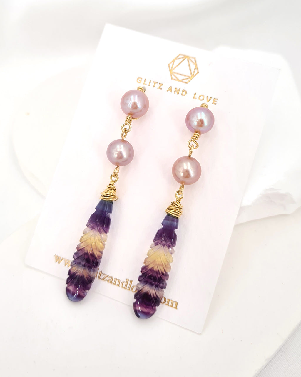 Pearl Earrings with Crafted Fluorite Feather Drop