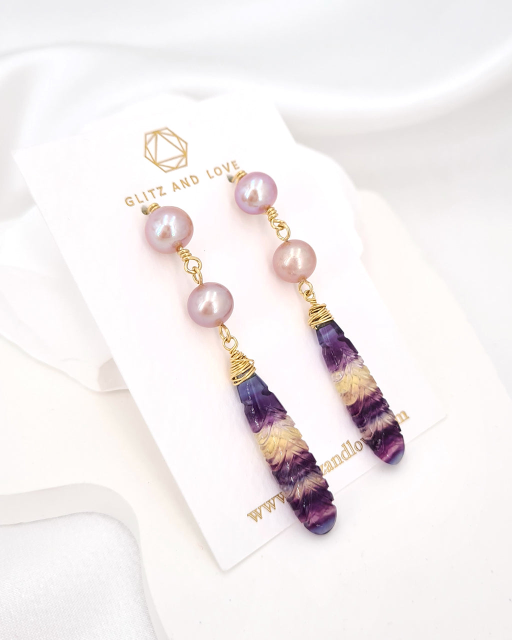 Pearl Earrings with Crafted Fluorite Feather Drop