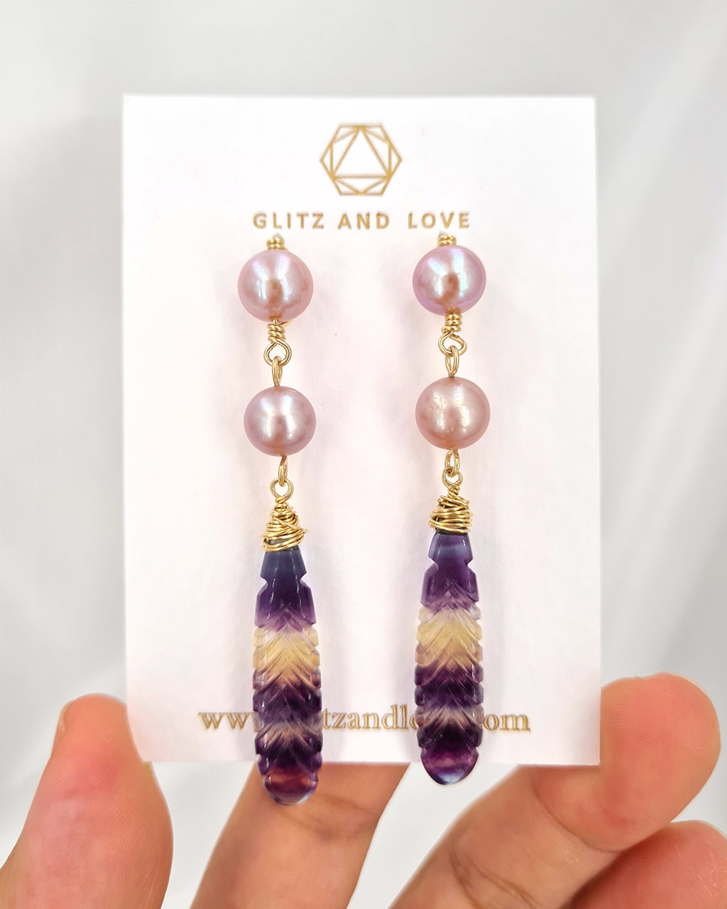 Pearl Earrings with Crafted Fluorite Feather Drop
