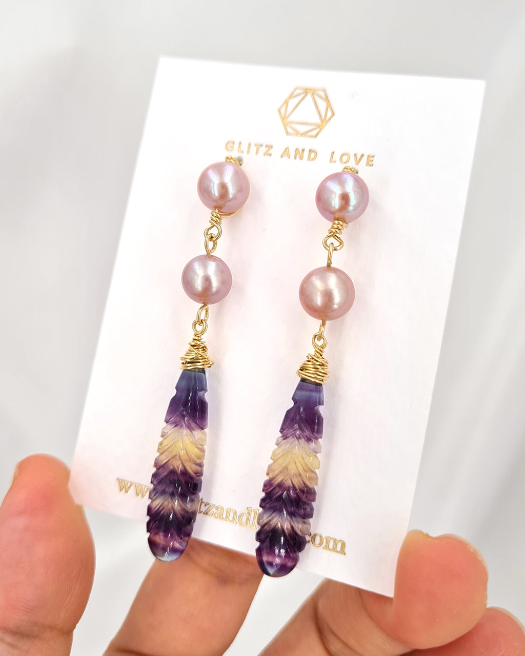 Pearl Earrings with Crafted Fluorite Feather Drop
