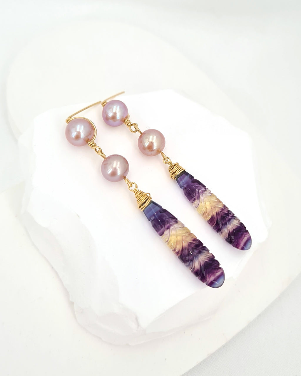 Pearl Earrings with Crafted Fluorite Feather Drop
