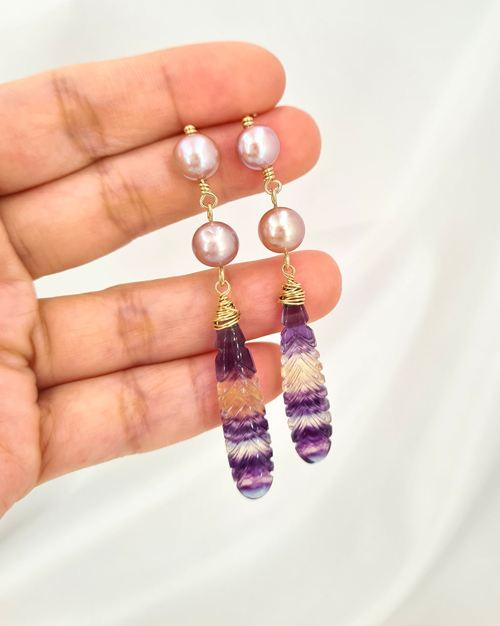 Pearl Earrings with Crafted Fluorite Feather Drop