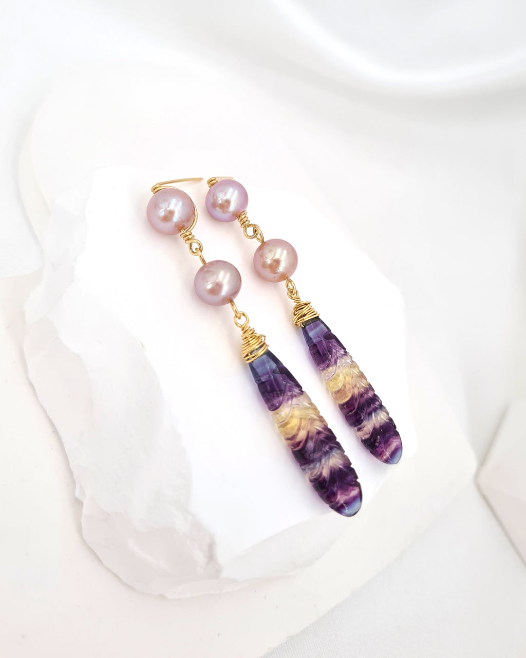 Pearl Earrings with Crafted Fluorite Feather Drop