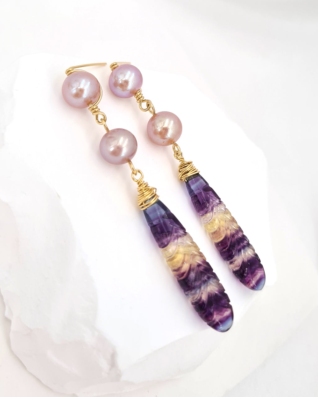 Pearl Earrings with Crafted Fluorite Feather Drop