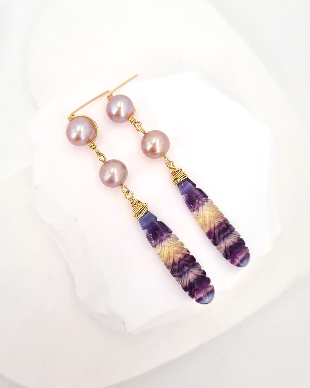 Pearl Earrings with Crafted Fluorite Feather Drop