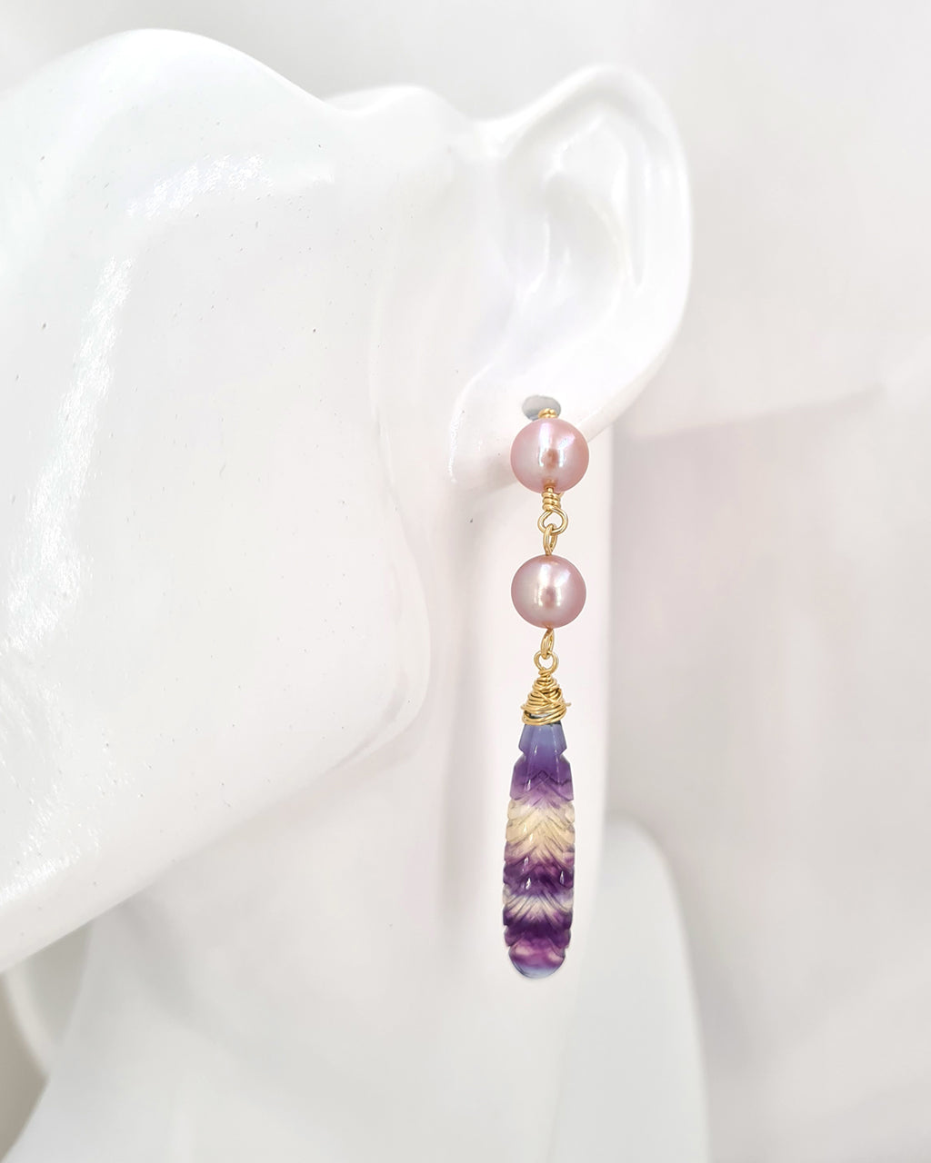 Pearl Earrings with Crafted Fluorite Feather Drop