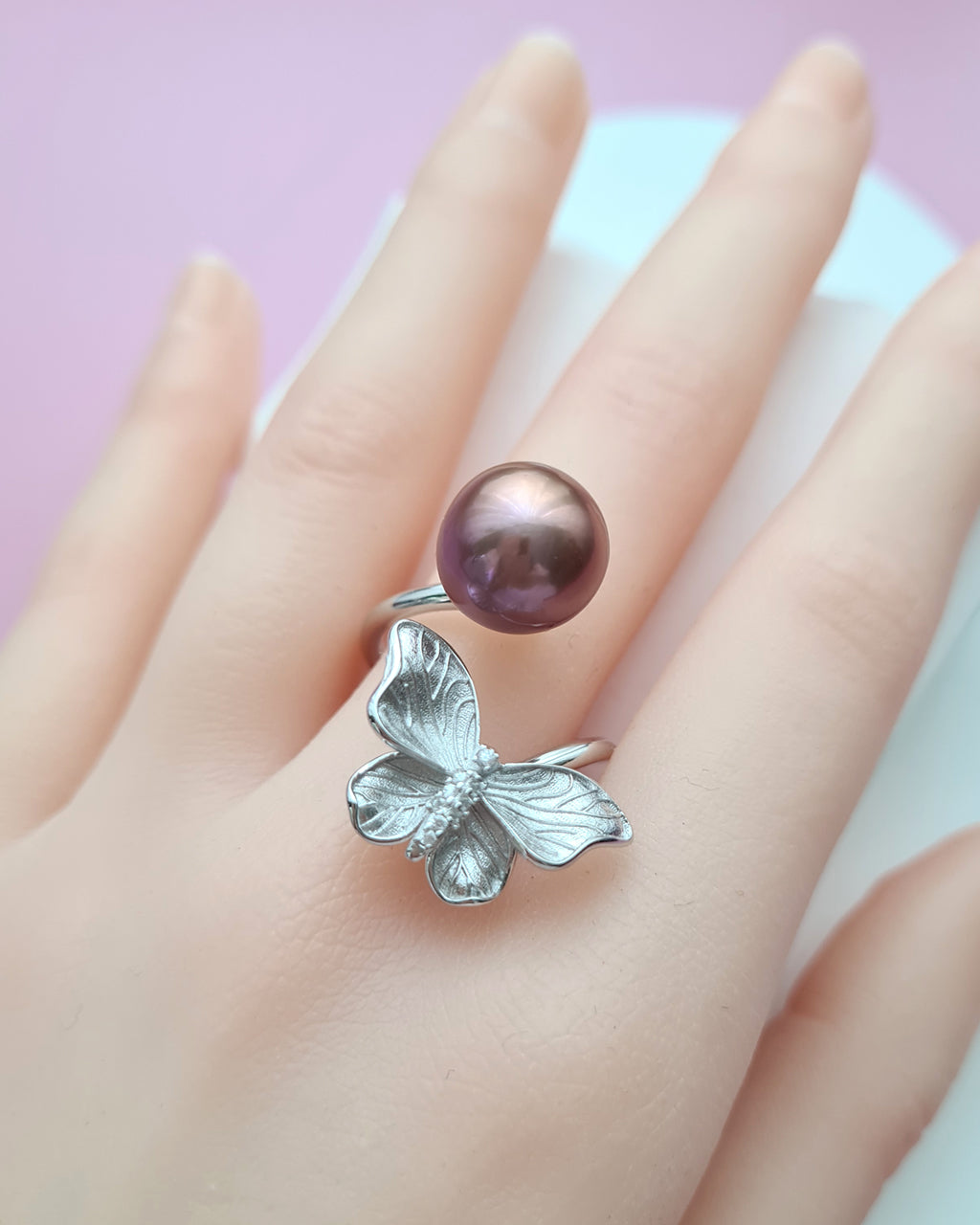 Purple Pink Edison Pearl Butterfly Open Ring, Handmade Pearl Jewelry Singapore