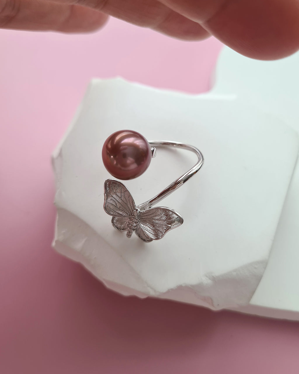 Purple Pink Edison Pearl Butterfly Open Ring, Handmade Pearl Jewelry Singapore