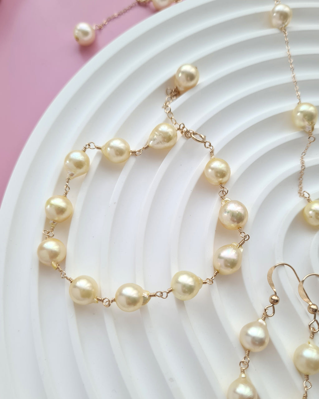 Queen Gold Baroque Akoya Pearl Jewelry Set, Earrings, Bracelet, Floating Pearl Necklace
