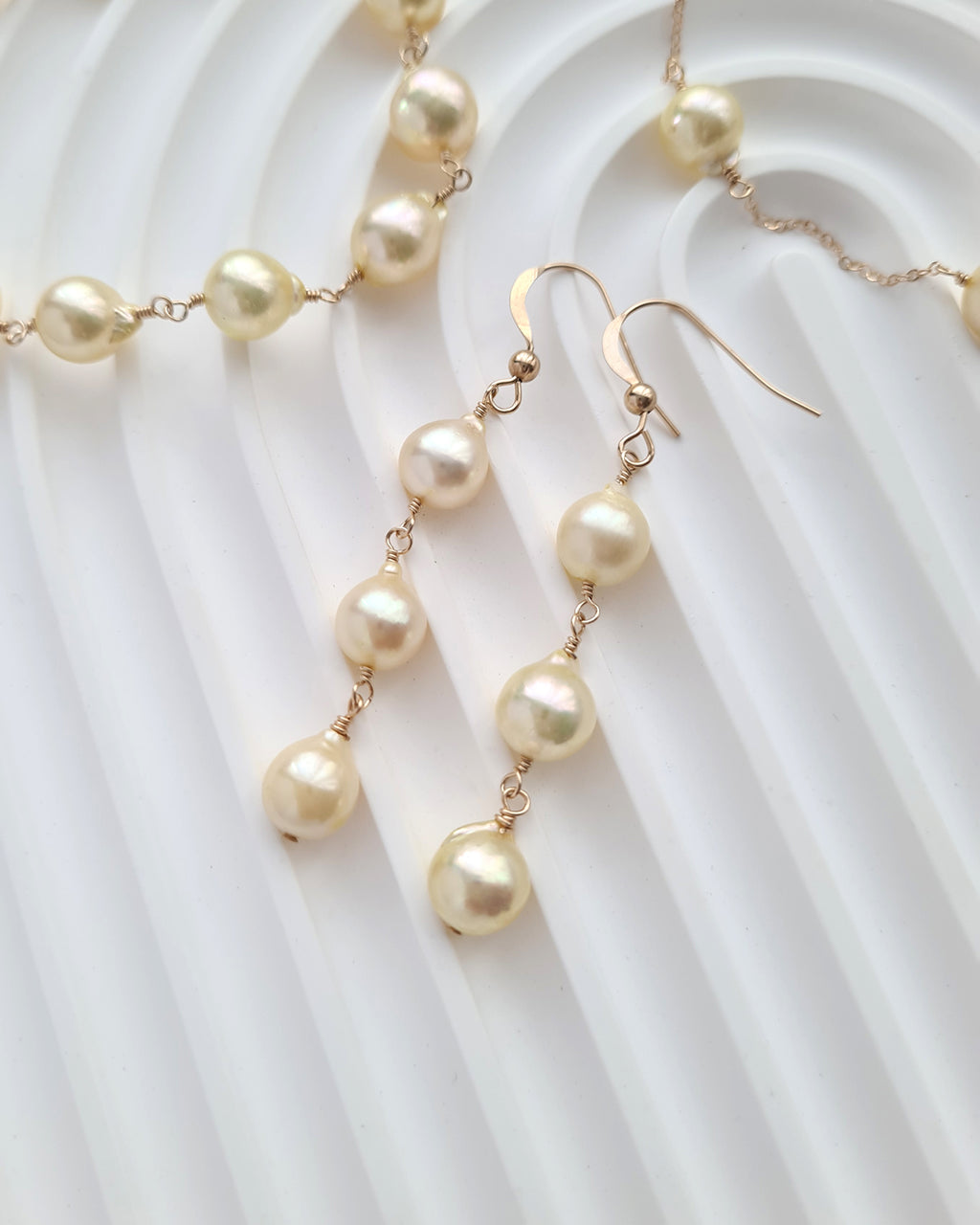 Queen Gold Baroque Akoya Pearl Jewelry Set, Earrings, Bracelet, Floating Pearl Necklace