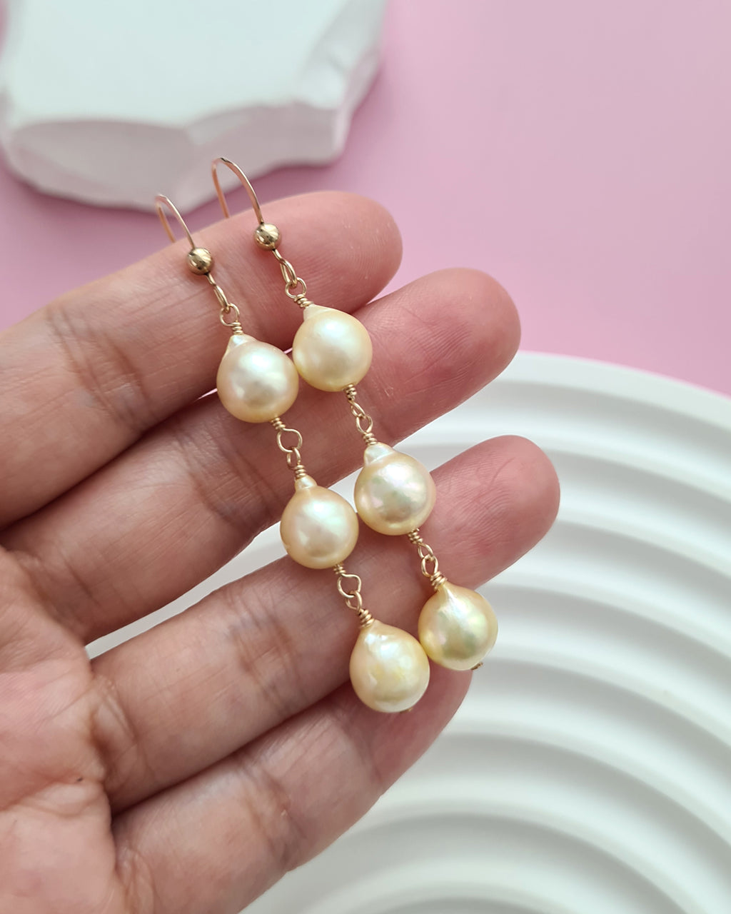 Queen Gold Baroque Akoya Pearl Jewelry Set, Earrings, Bracelet, Floating Pearl Necklace