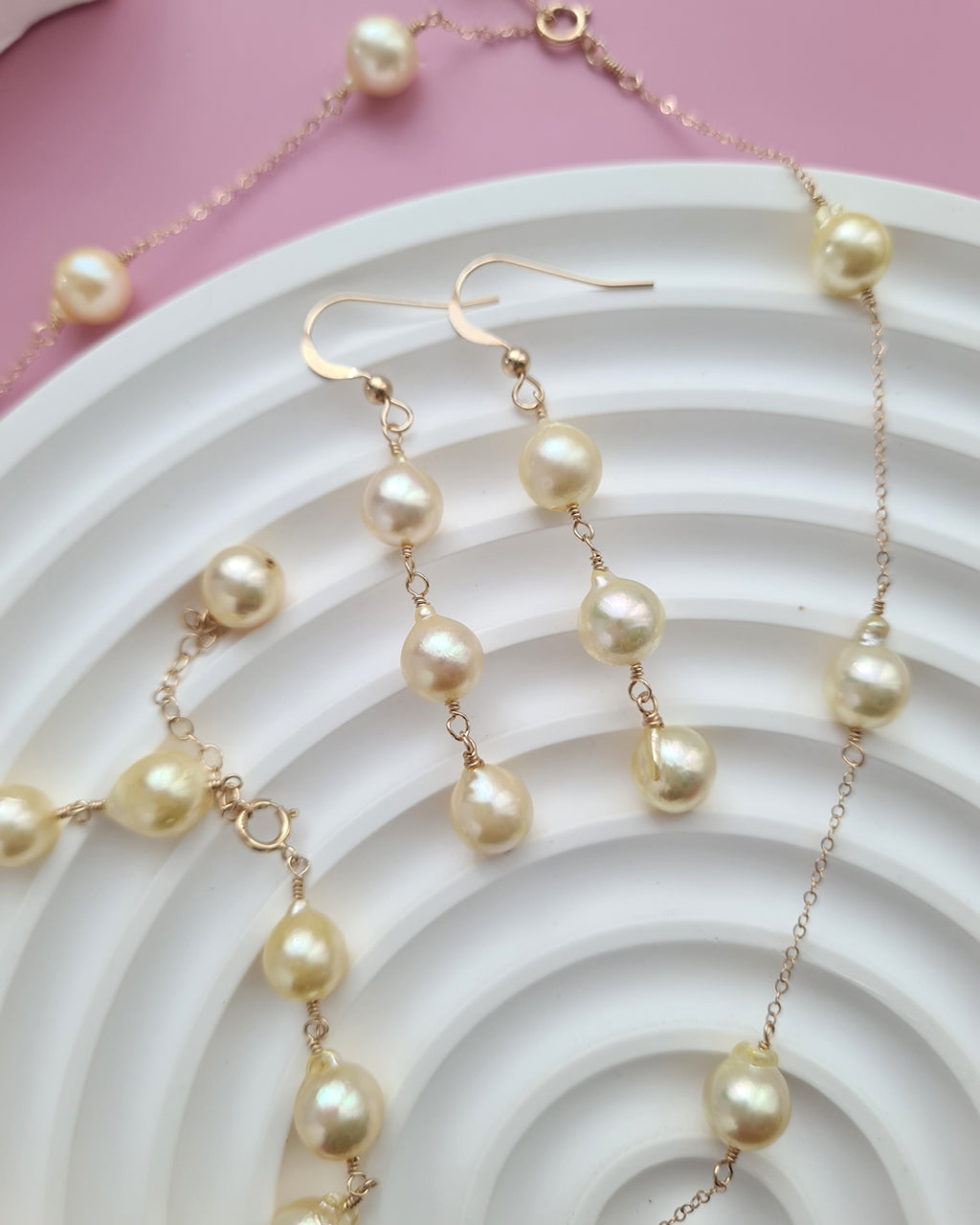 Queen Gold Baroque Akoya Pearl Jewelry Set, Earrings, Bracelet, Floating Pearl Necklace