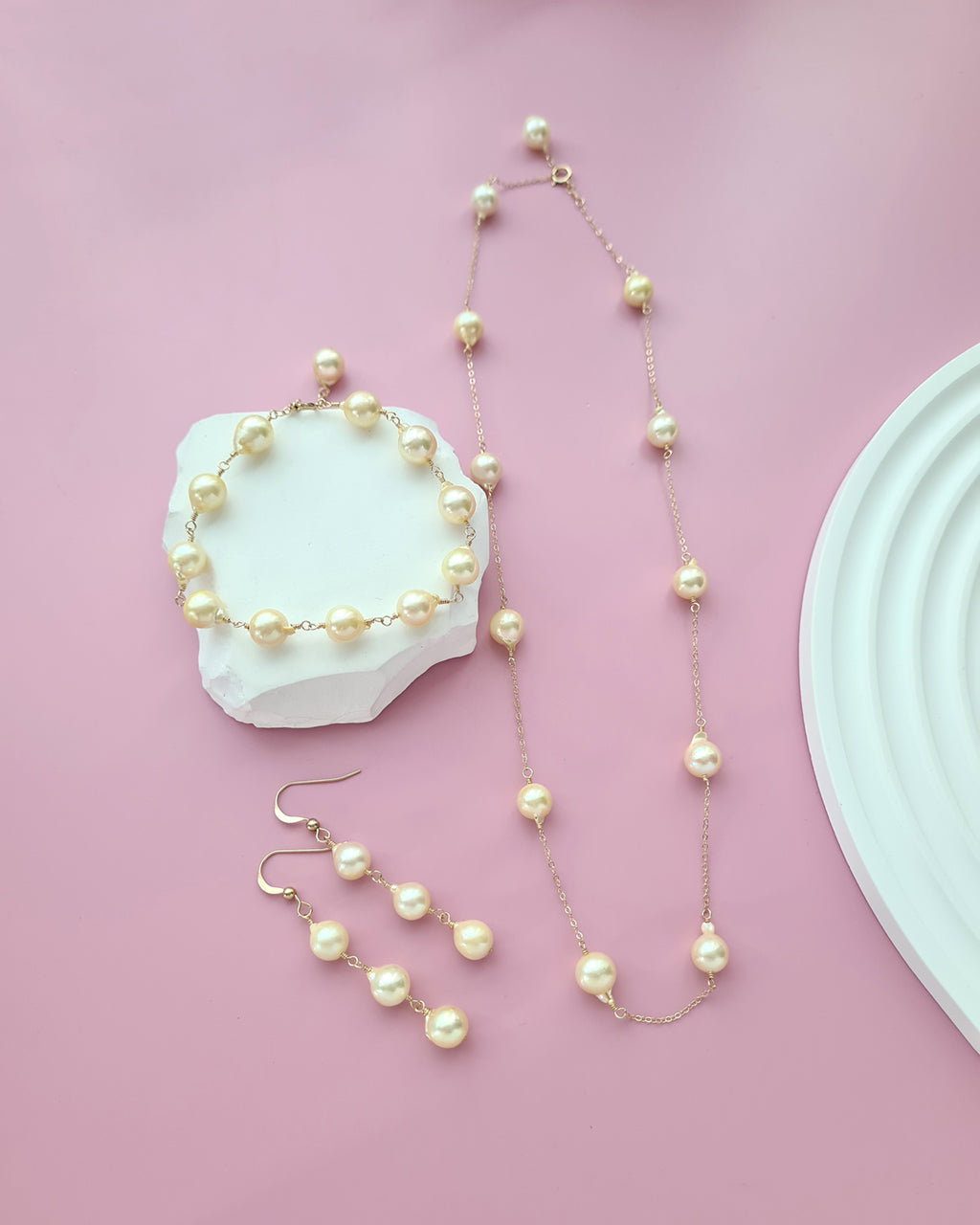 Queen Gold Baroque Akoya Pearl Jewelry Set, Earrings, Bracelet, Floating Pearl Necklace