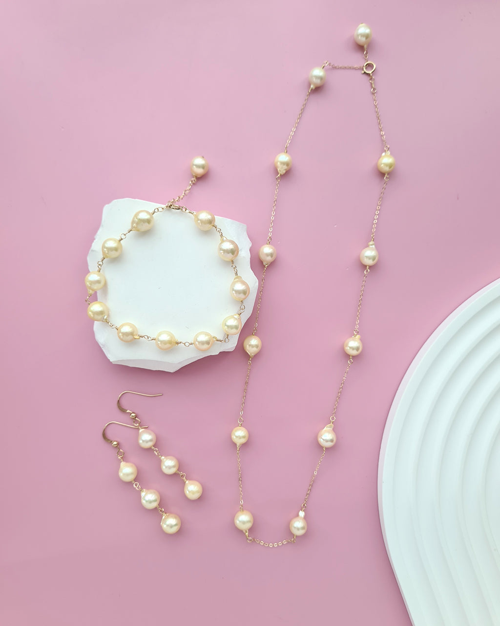 Queen Gold Baroque Akoya Pearl Jewelry Set, Earrings, Bracelet, Floating Pearl Necklace
