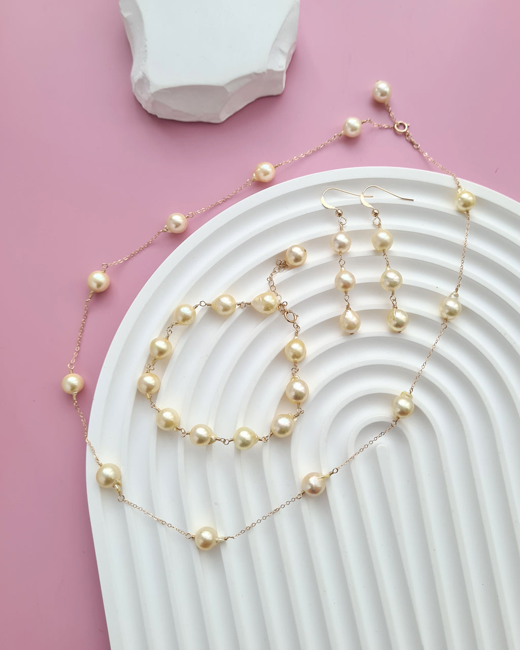 Queen Gold Baroque Akoya Pearl Jewelry Set, Earrings, Bracelet, Floating Pearl Necklace