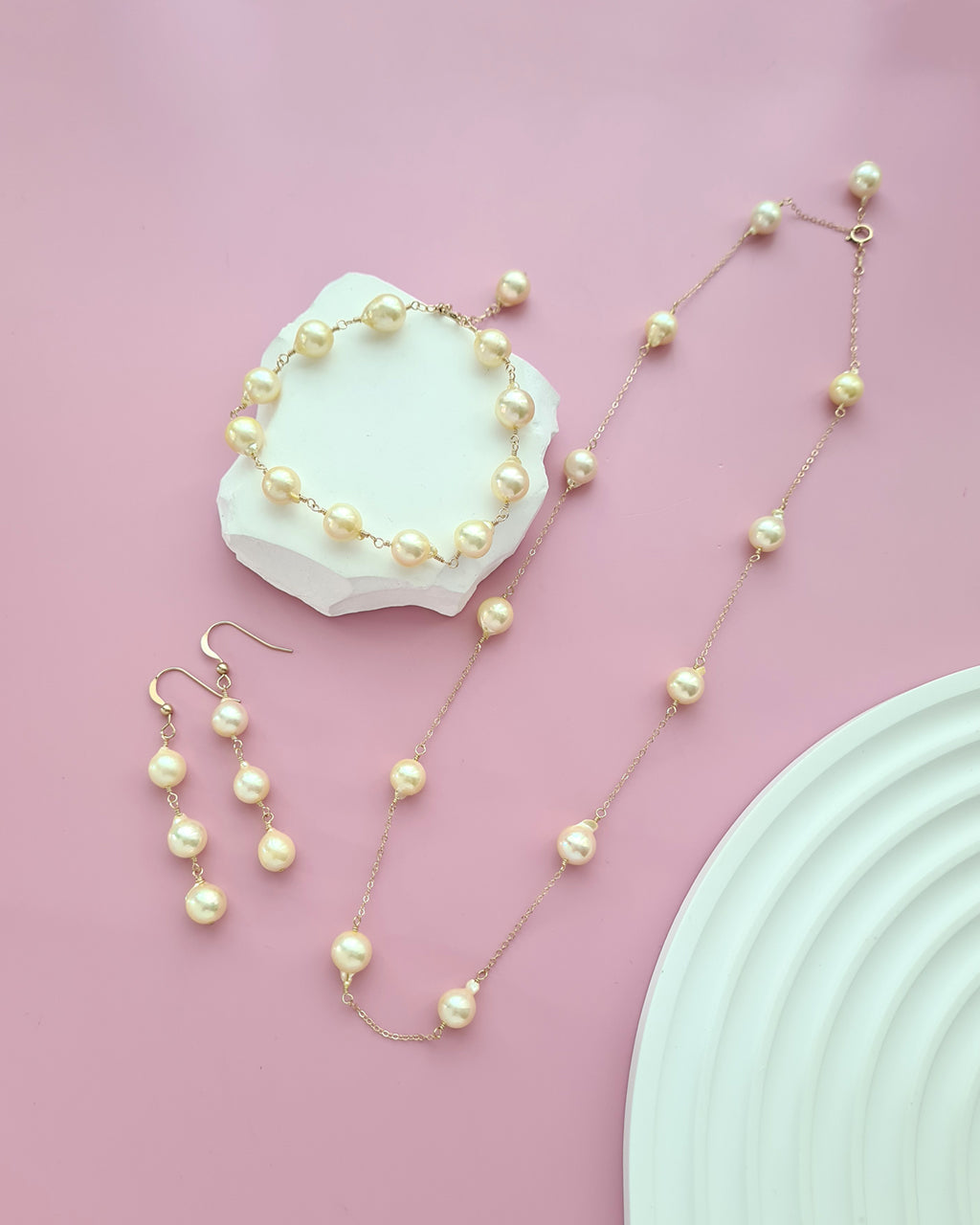 Queen Gold Baroque Akoya Pearl Jewelry Set, Earrings, Bracelet, Floating Pearl Necklace