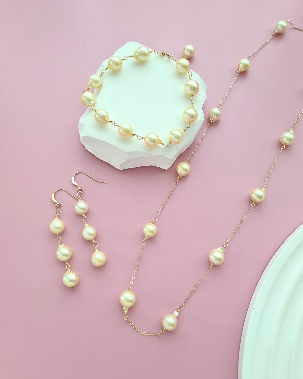 Queen Gold Baroque Akoya Pearl Jewelry Set, Earrings, Bracelet, Floating Pearl Necklace