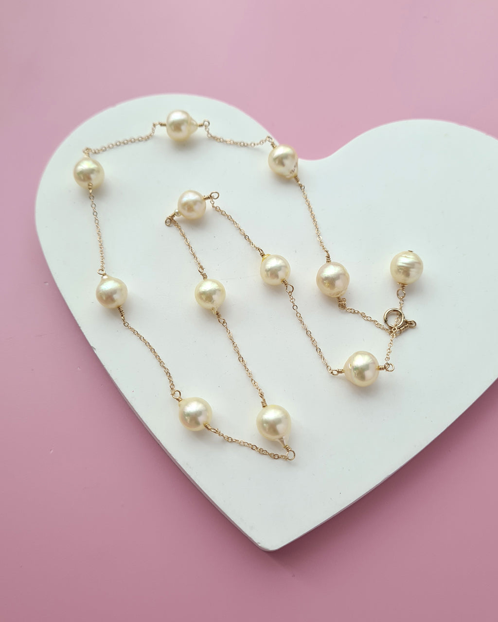 Queen Gold Akoya Pearl Floating Station Necklace - 8mm to 9mm in 14k Gold Filled Pearl Jewelry in Singapore