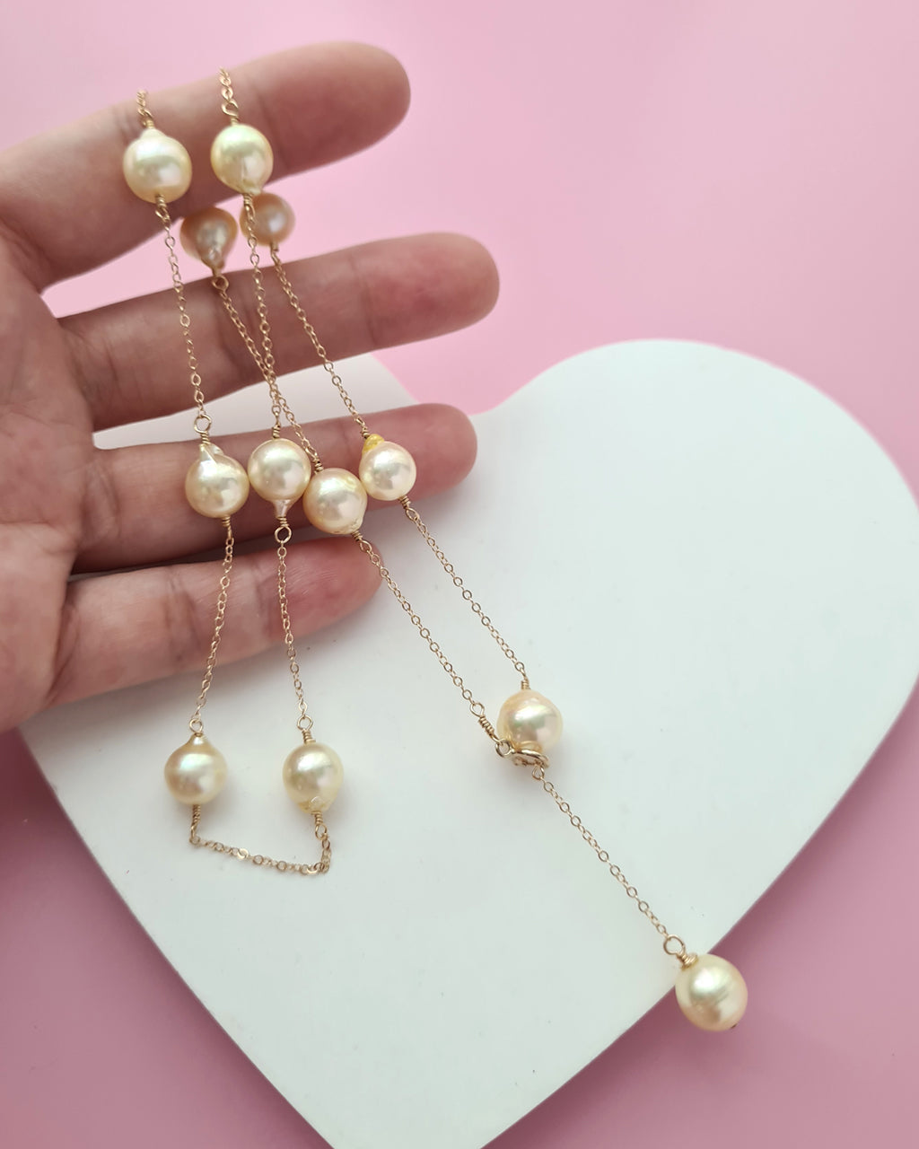 Queen Gold Akoya Pearl Floating Station Necklace - 8mm to 9mm in 14k Gold Filled Pearl Jewelry in Singapore