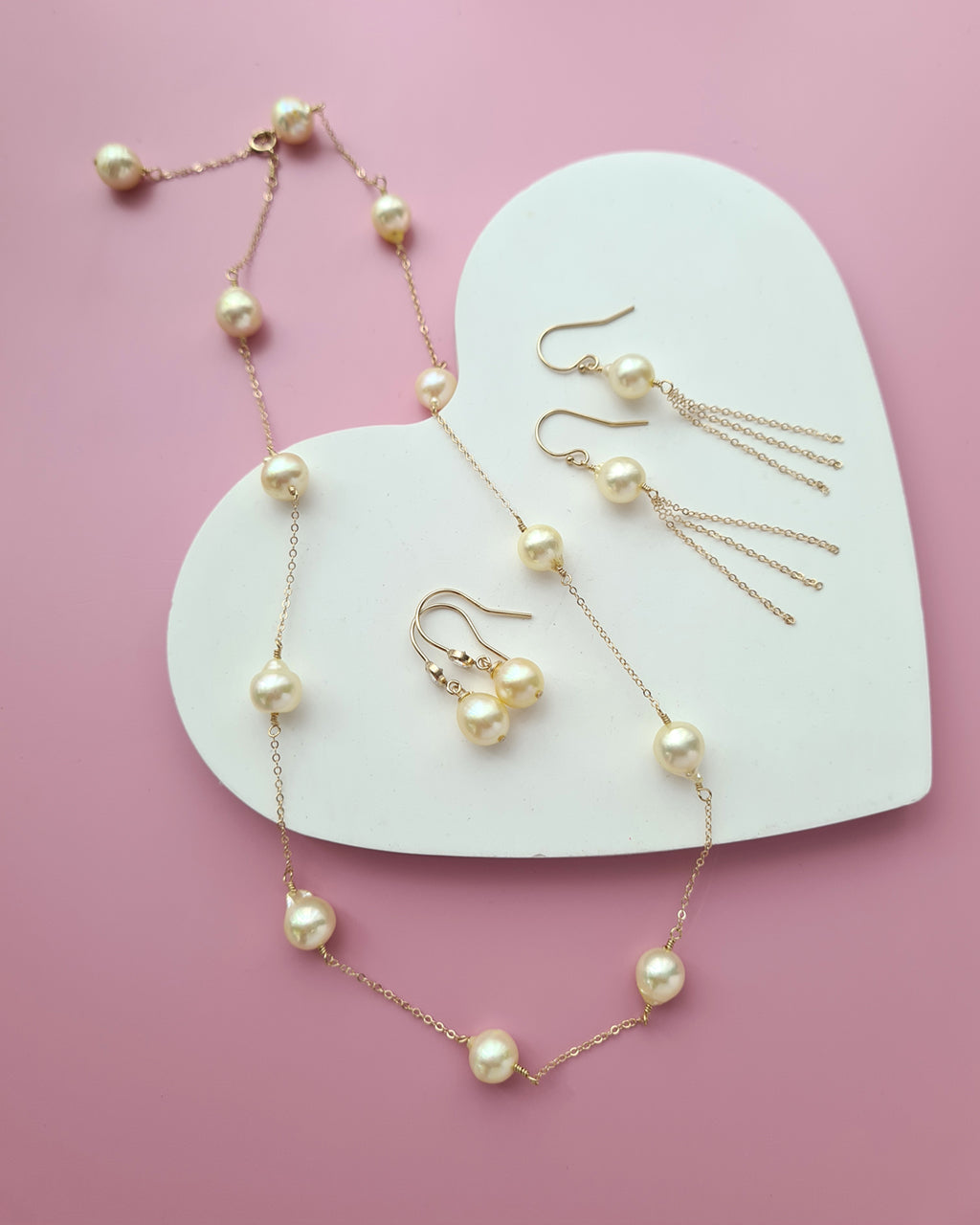 Queen Gold Akoya Pearl Floating Station Necklace - 8mm to 9mm in 14k Gold Filled Pearl Jewelry in Singapore