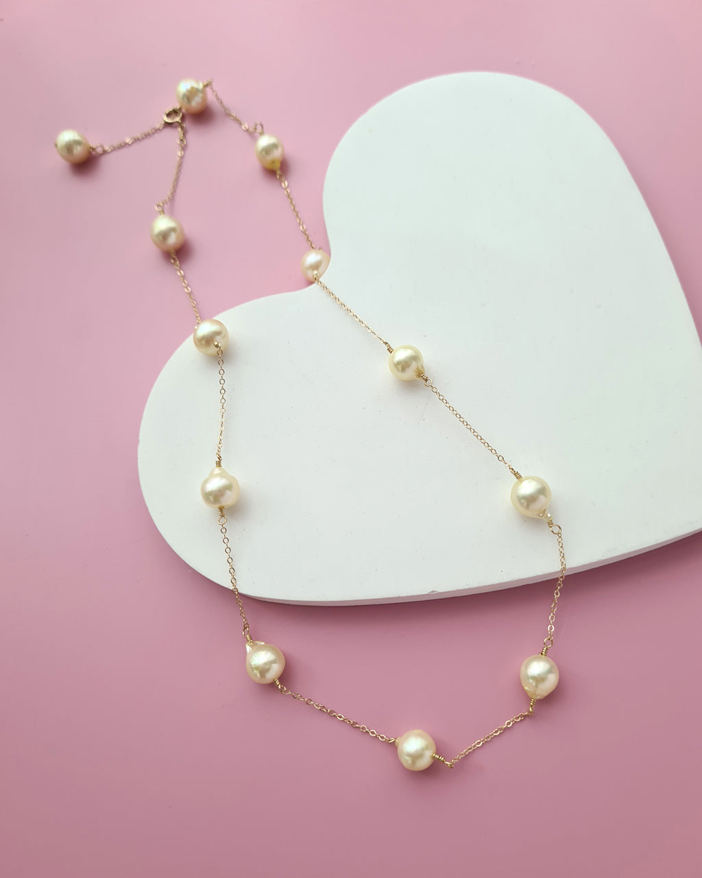 Queen Gold Akoya Pearl Floating Station Necklace - 8mm to 9mm in 14k Gold Filled Pearl Jewelry in Singapore