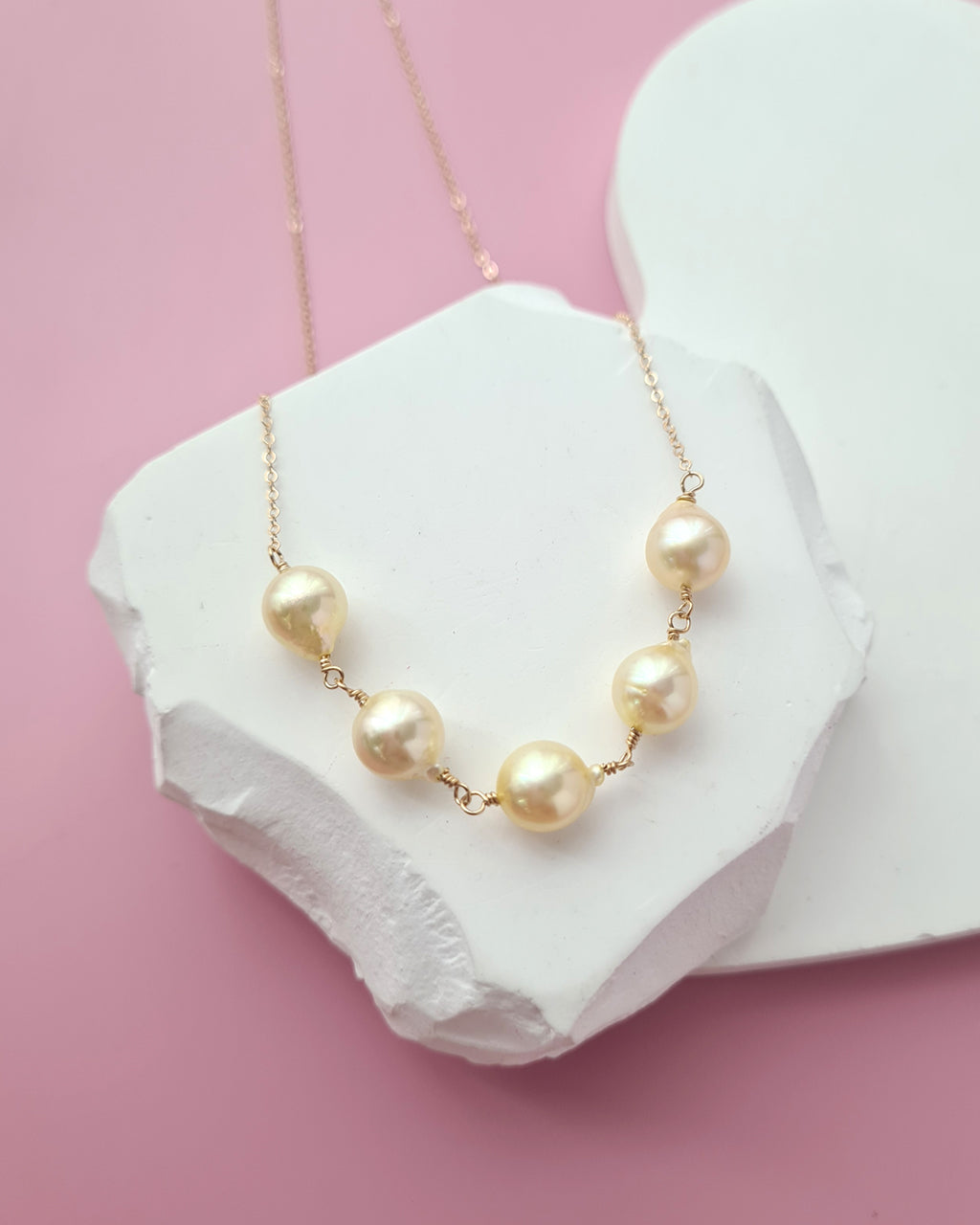 Queen Gold Akoya Pearl Necklace - 5 pearls, 8mm in 14k Gold Filled pearl jewelry in Singapore