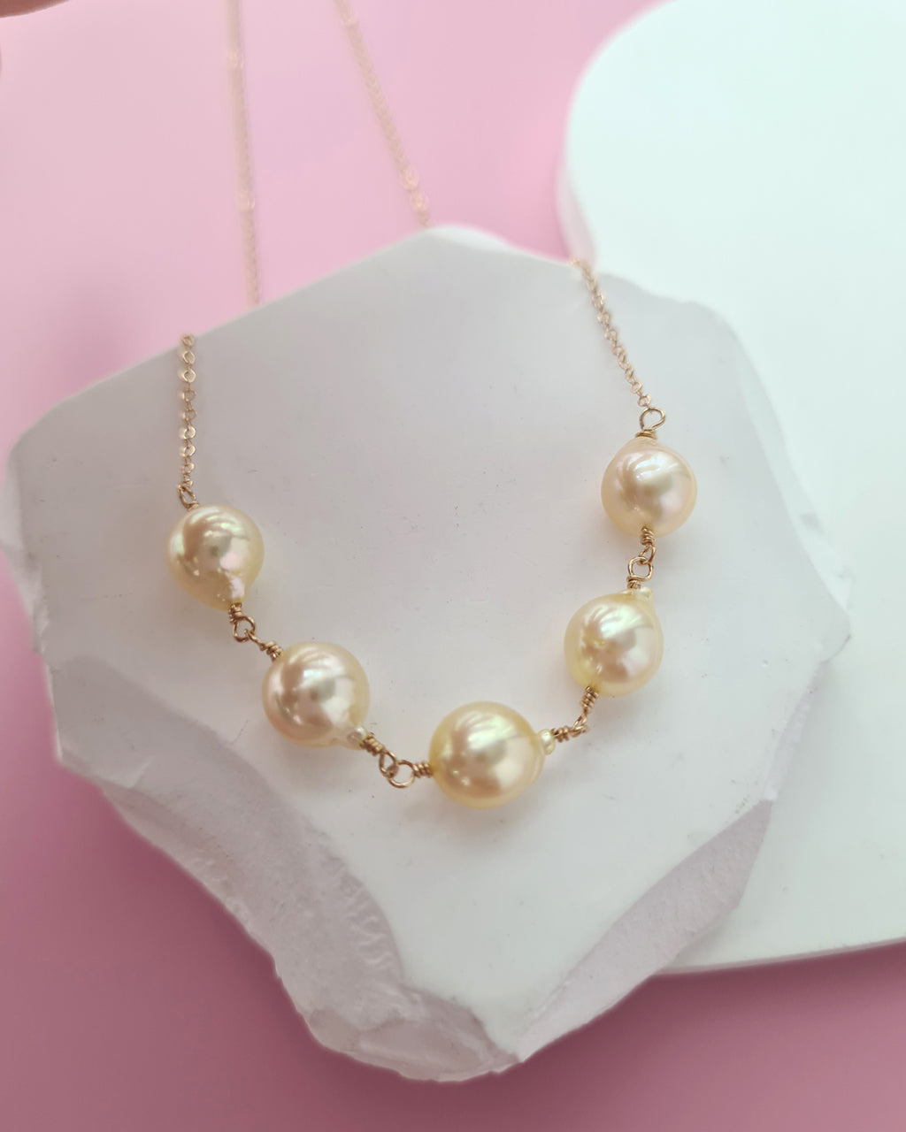 Queen Gold Akoya Pearl Necklace - 5 pearls, 8mm in 14k Gold Filled pearl jewelry in Singapore