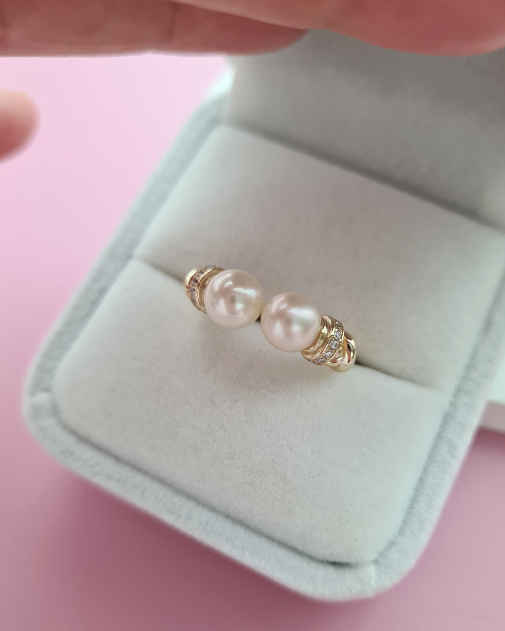 Double Akoya Pearl Open Ring - Creamy Gold Pearl, Pearl Jewelry Singapore