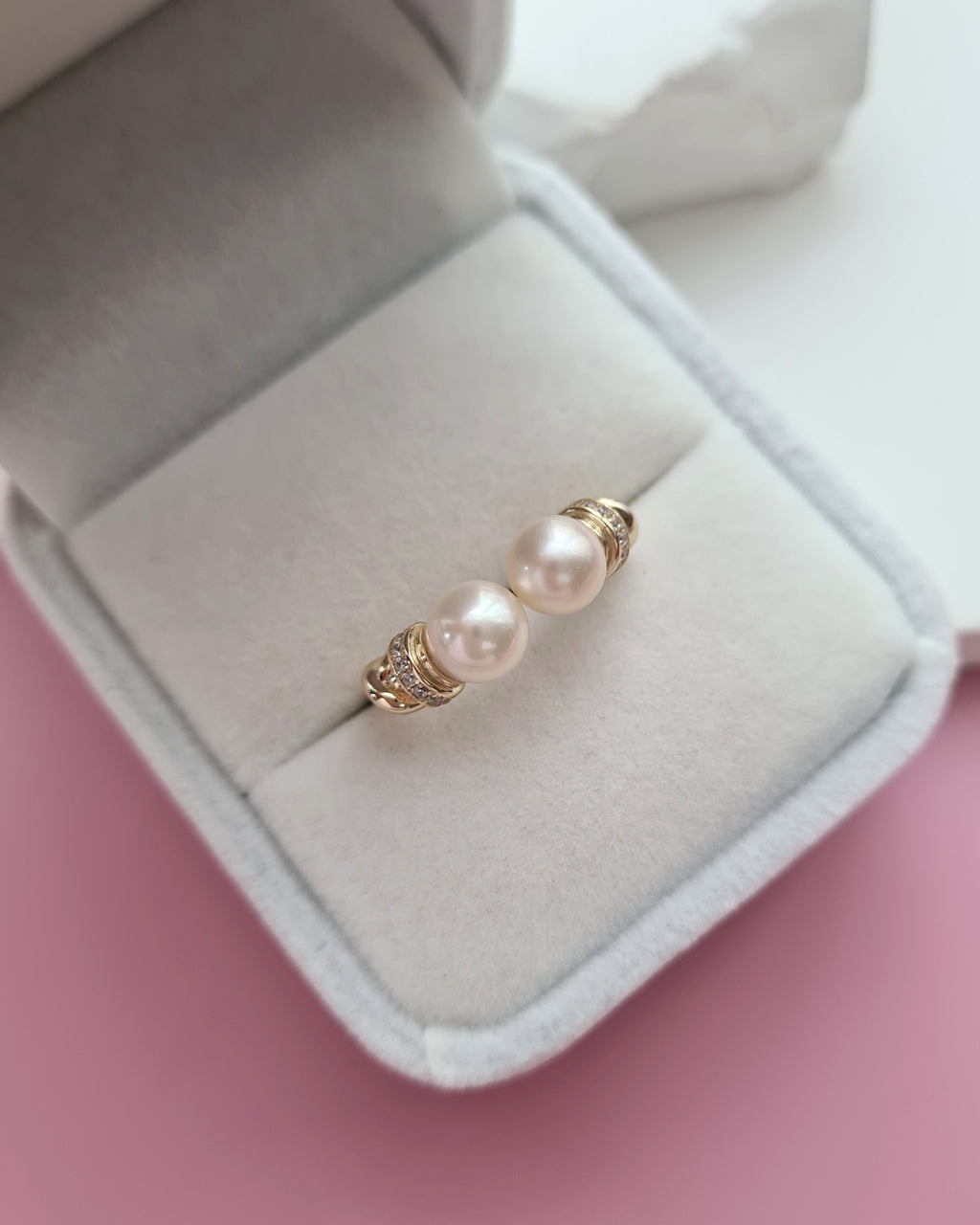 Double Akoya Pearl Open Ring - Creamy Gold Pearl, Pearl Jewelry Singapore