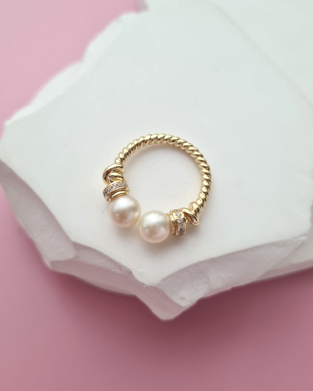 Double Akoya Pearl Open Ring - Creamy Gold Pearl, Pearl Jewelry Singapore