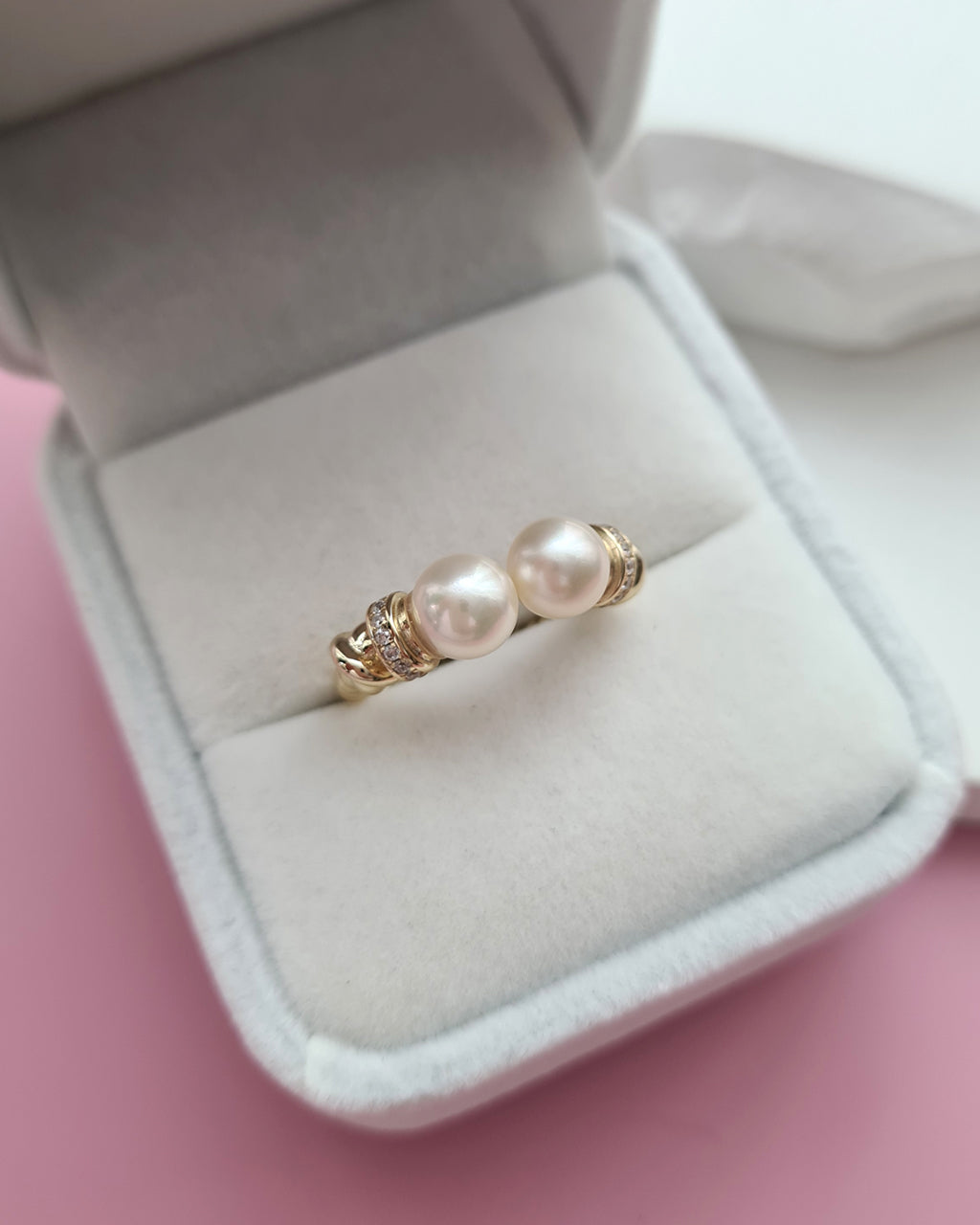 Double Akoya Pearl Open Ring - Creamy Gold Pearl, Pearl Jewelry Singapore
