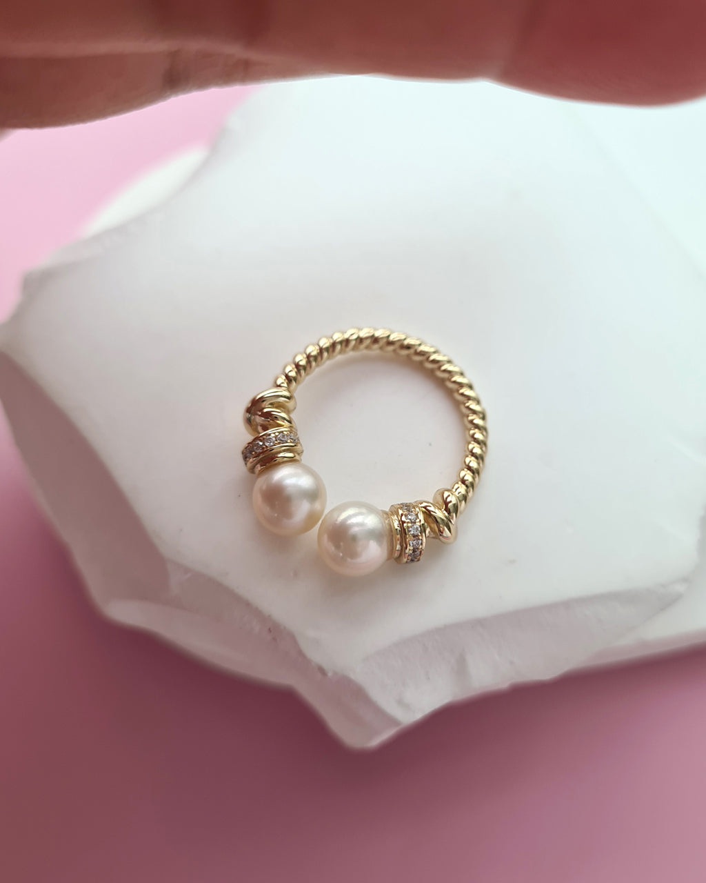 Double Akoya Pearl Open Ring - Creamy Gold Pearl, Pearl Jewelry Singapore