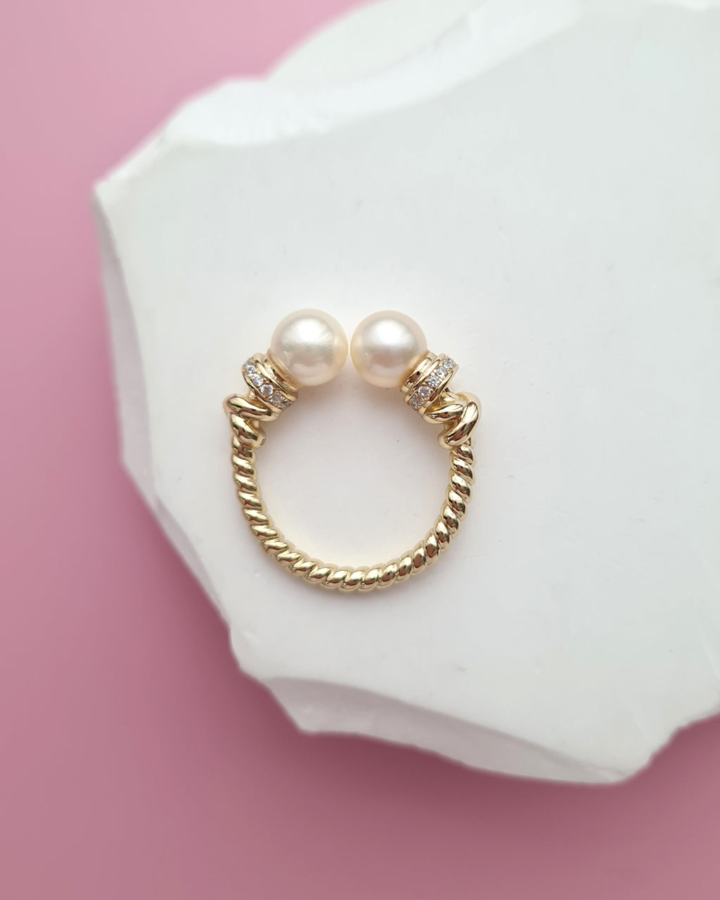 Double Akoya Pearl Open Ring - Creamy Gold Pearl, Pearl Jewelry Singapore