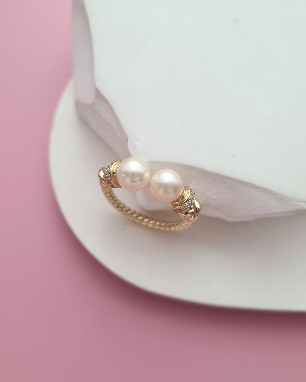 Double Akoya Pearl Open Ring - Creamy Gold Pearl, Pearl Jewelry Singapore