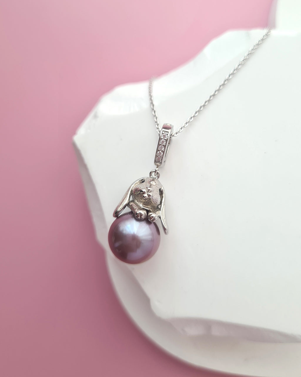 Purple Freshwater Edison Pearl Pendant Necklace - Cute Rabbit Sterling Silver Jewelry Singapore