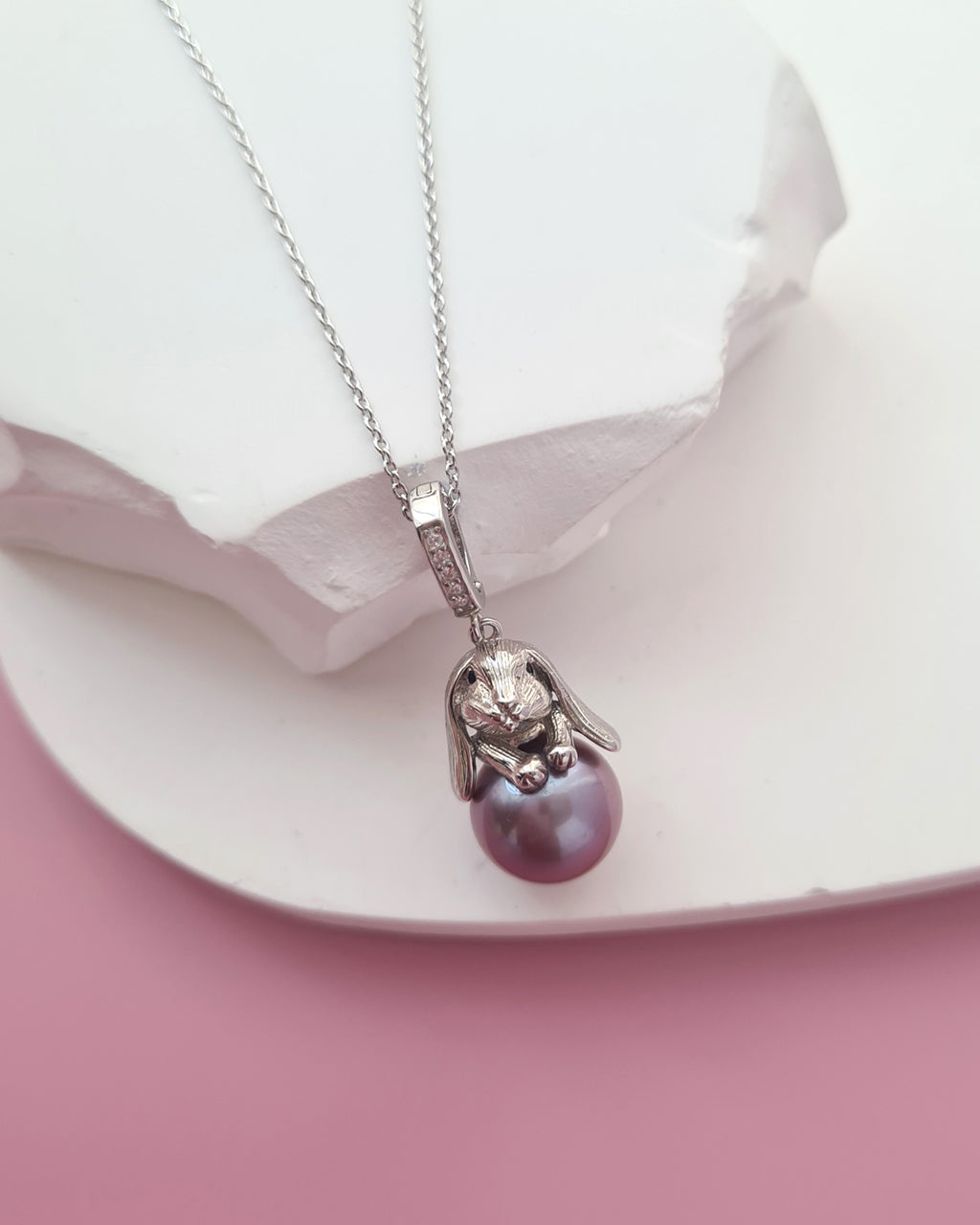 Purple Freshwater Edison Pearl Pendant Necklace - Cute Rabbit Sterling Silver Jewelry Singapore