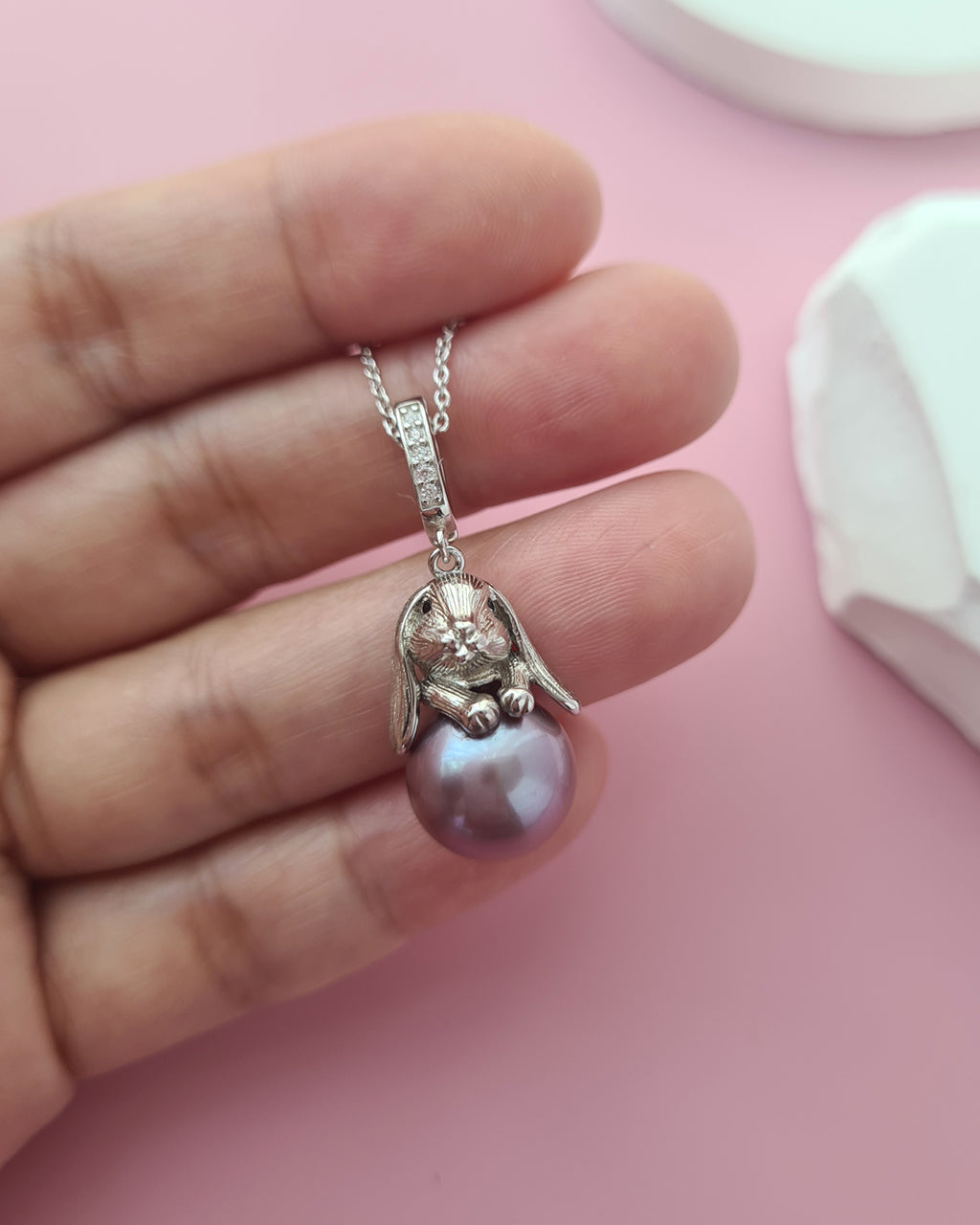Purple Freshwater Edison Pearl Pendant Necklace - Cute Rabbit Sterling Silver Jewelry Singapore
