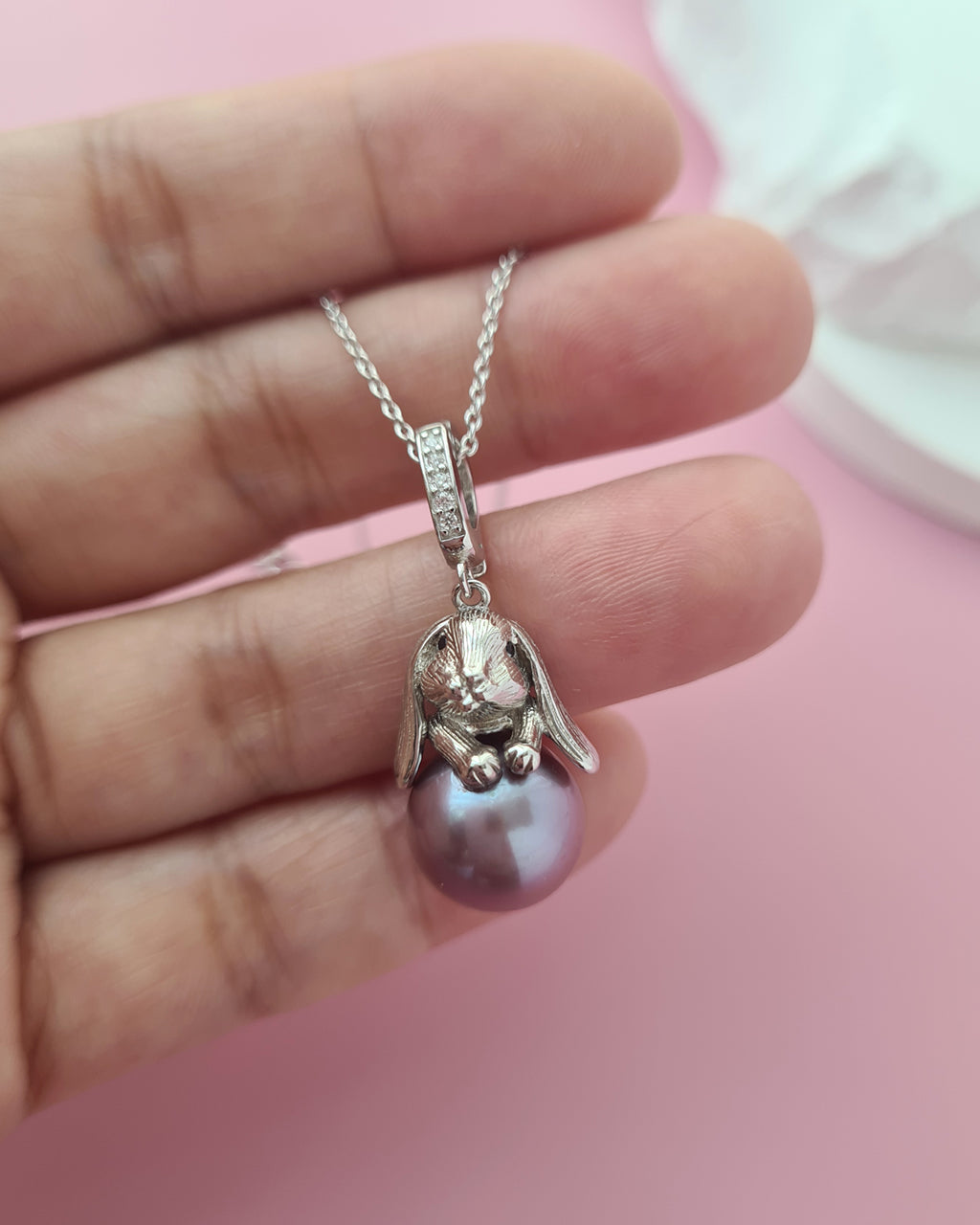 Purple Freshwater Edison Pearl Pendant Necklace - Cute Rabbit Sterling Silver Jewelry Singapore