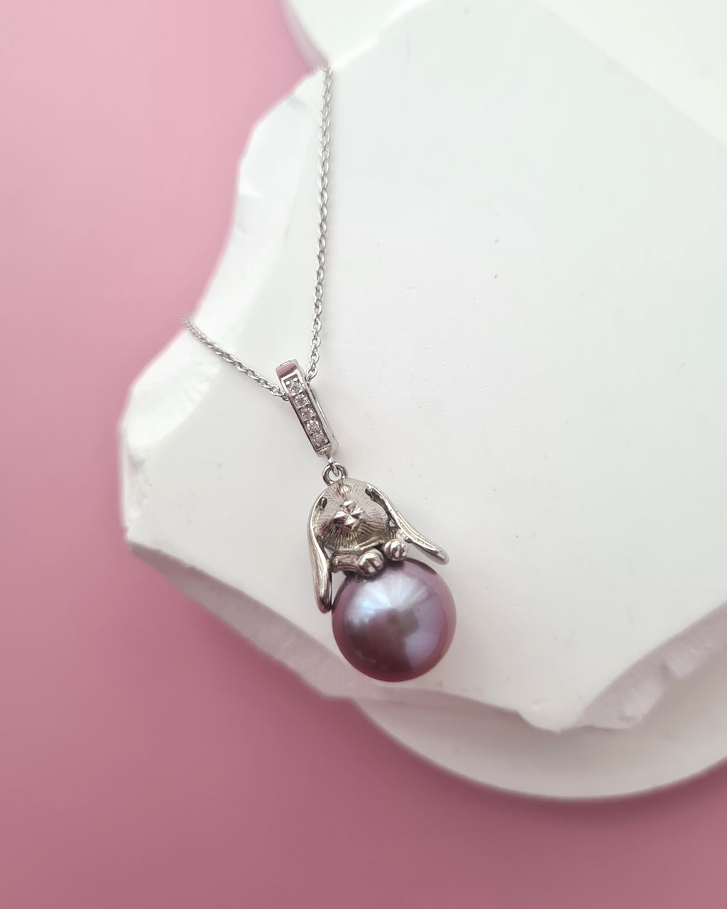 Purple Freshwater Edison Pearl Pendant Necklace - Cute Rabbit Sterling Silver Jewelry Singapore