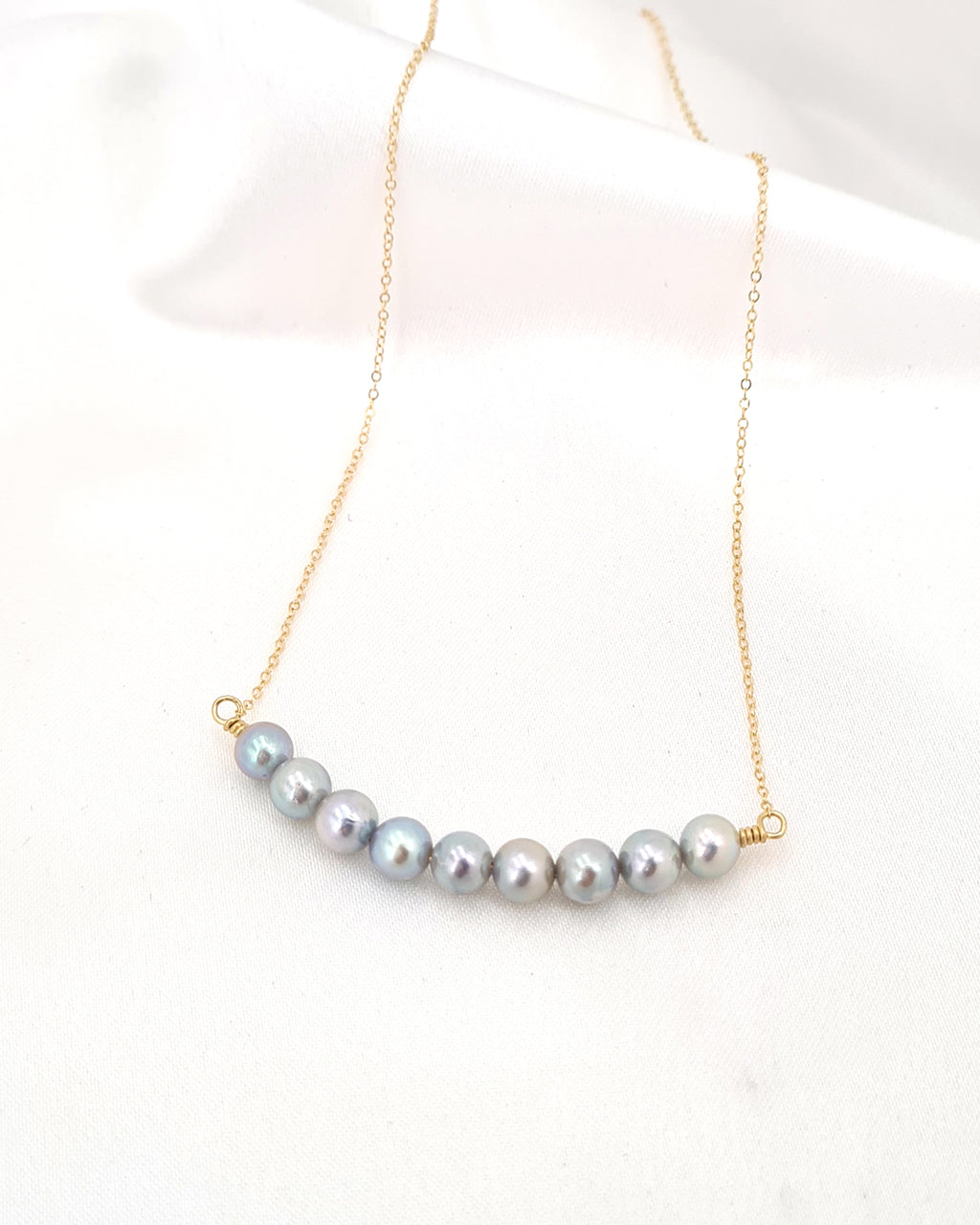 Saltwater Silver-Blue Akoya Pearl Smile Necklace | Something blue for minimalist elegant brides