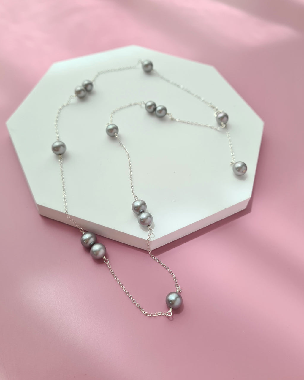 Silver Blue Akoya Pearl Floating Station Necklace, 14k gold filled, 925 Sterling Silver 