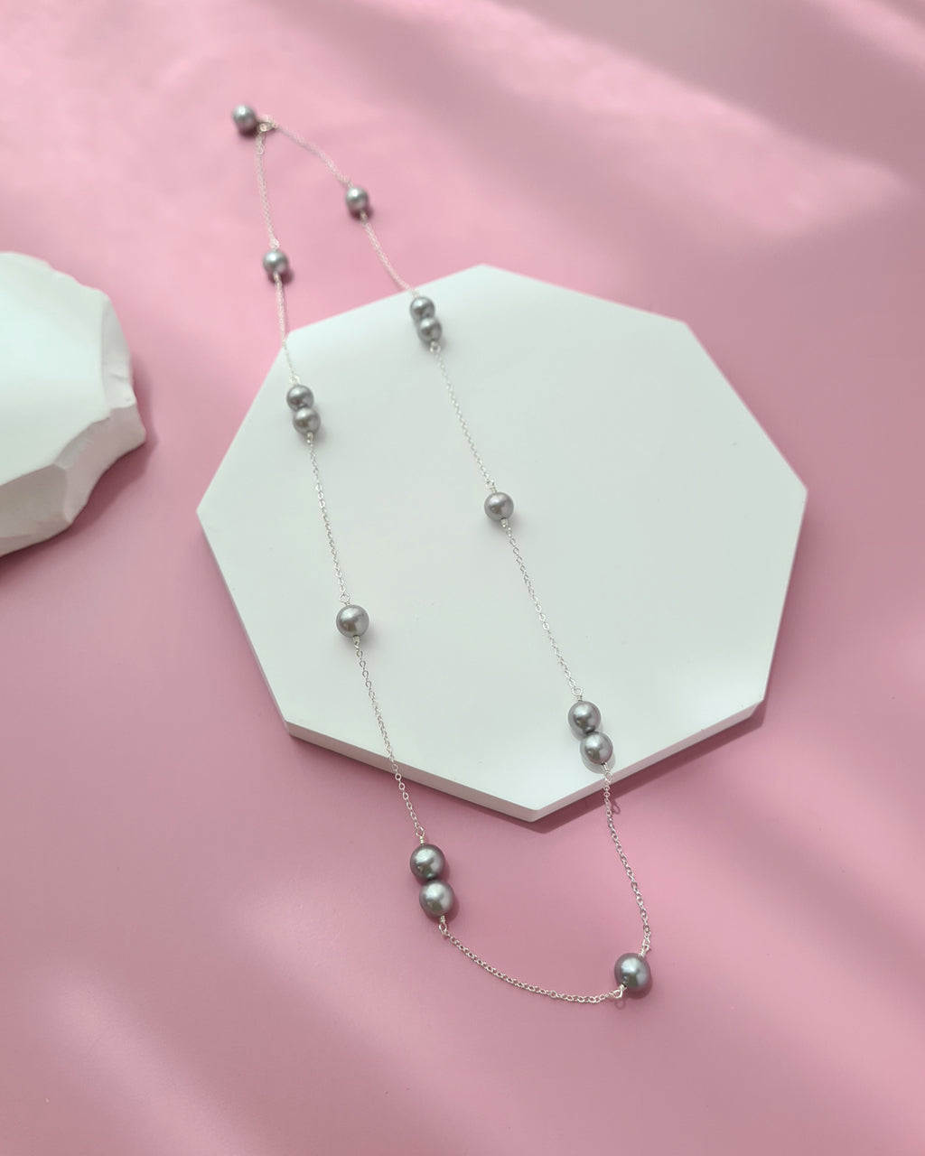 Silver Blue Akoya Pearl Floating Station Necklace, 14k gold filled, 925 Sterling Silver 